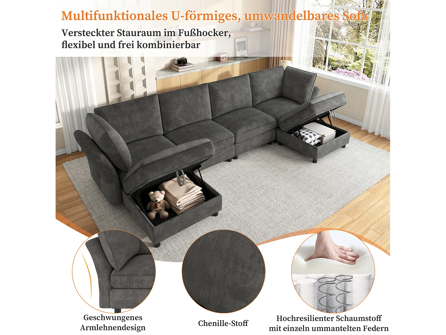 Canapé d'angle modulable 4 places avec pouf de rangement et 2 coussins - Assise à ressorts ensachés - 289 x 137 x 84 cm - Chenille - Gris