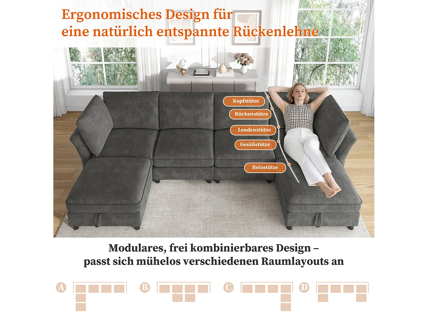 Canapé d'angle modulable 4 places avec pouf de rangement et 2 coussins - Assise à ressorts ensachés - 289 x 137 x 84 cm - Chenille - Gris