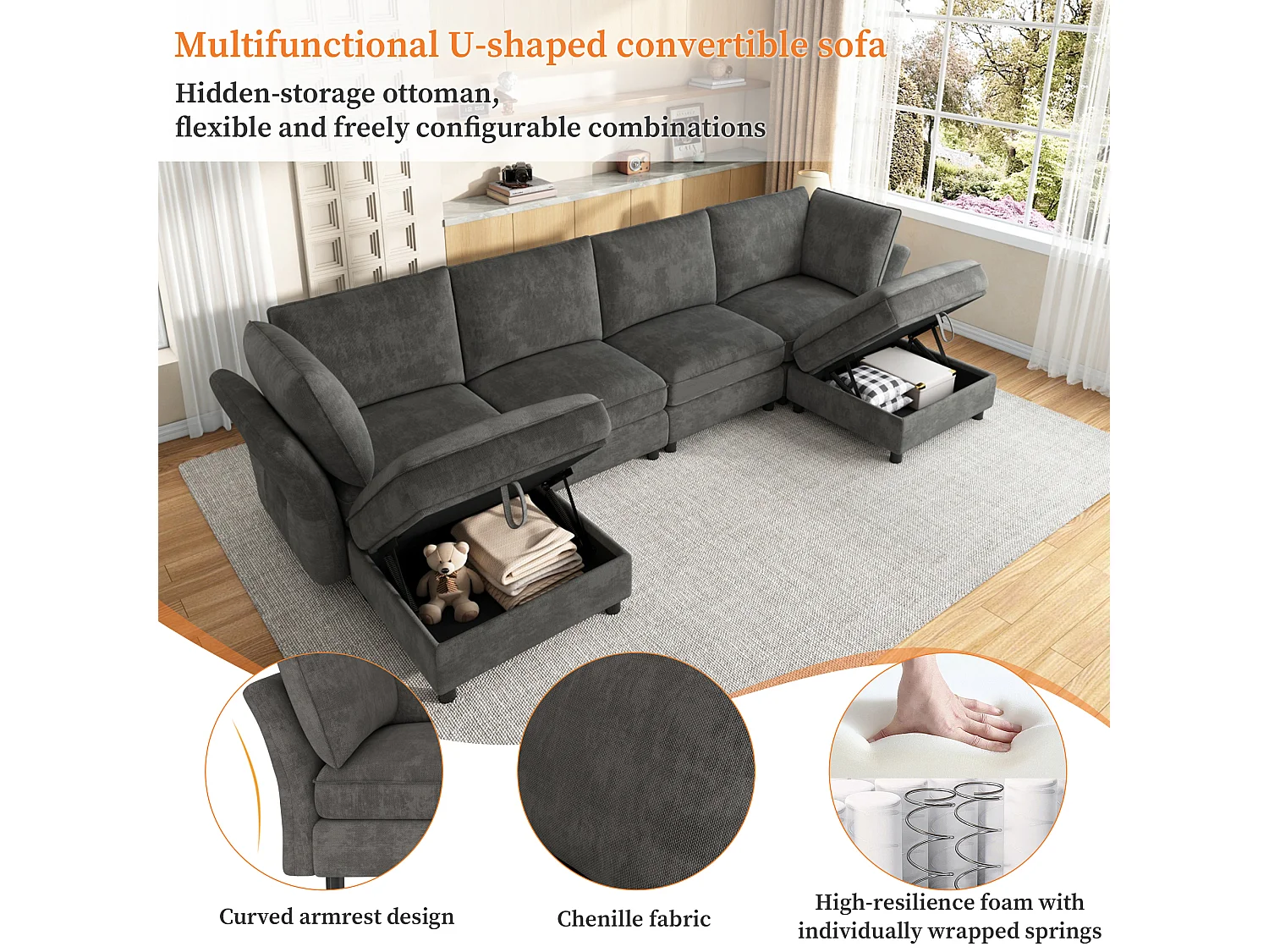 Canapé d'angle modulable 4 places avec pouf de rangement et 2 coussins - Assise à ressorts ensachés - 289 x 137 x 84 cm - Chenille - Gris