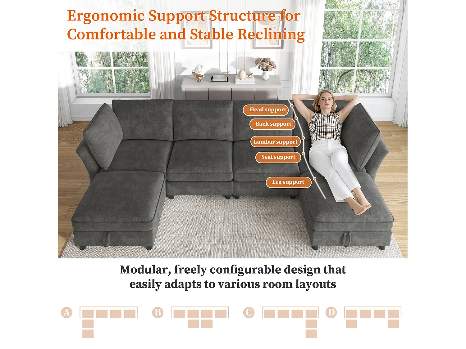 Canapé d'angle modulable 4 places avec pouf de rangement et 2 coussins - Assise à ressorts ensachés - 289 x 137 x 84 cm - Chenille - Gris