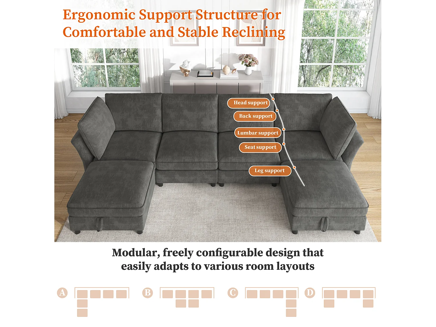 Canapé d'angle modulable 4 places avec pouf de rangement et 2 coussins - Assise à ressorts ensachés - 289 x 137 x 84 cm - Chenille - Gris