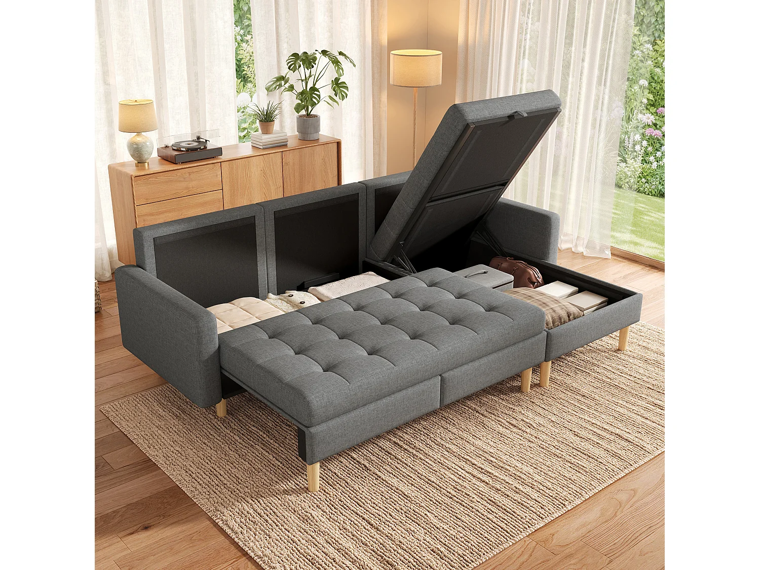 Ecksofa mit umkehrbarer Chaiselongue und Stauraum unter dem Sitz – Vliesstoff/PVC/Schaumstoff – 212 x 130 x 86 cm – Grau