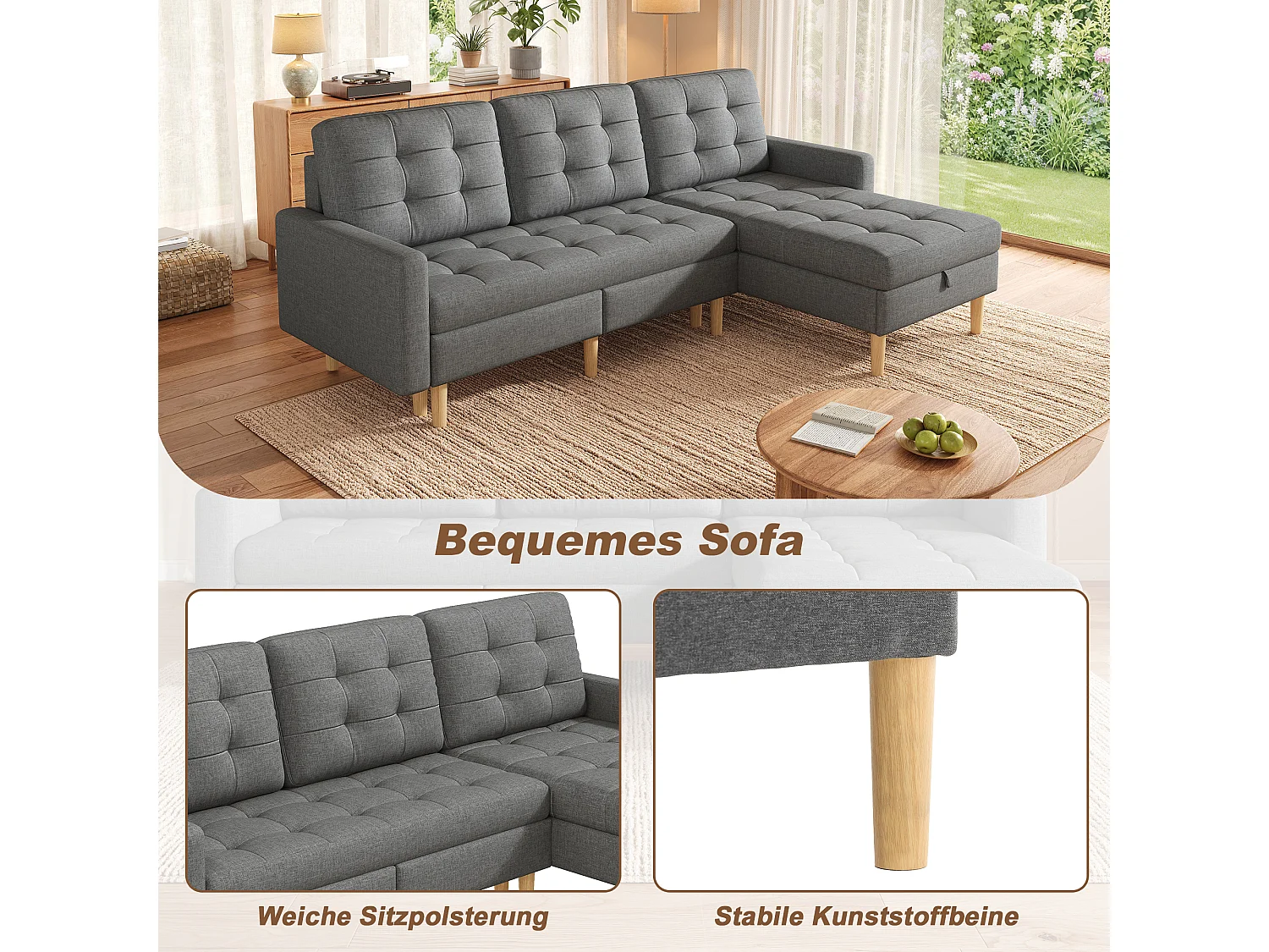 Ecksofa mit umkehrbarer Chaiselongue und Stauraum unter dem Sitz – Vliesstoff/PVC/Schaumstoff – 212 x 130 x 86 cm – Grau