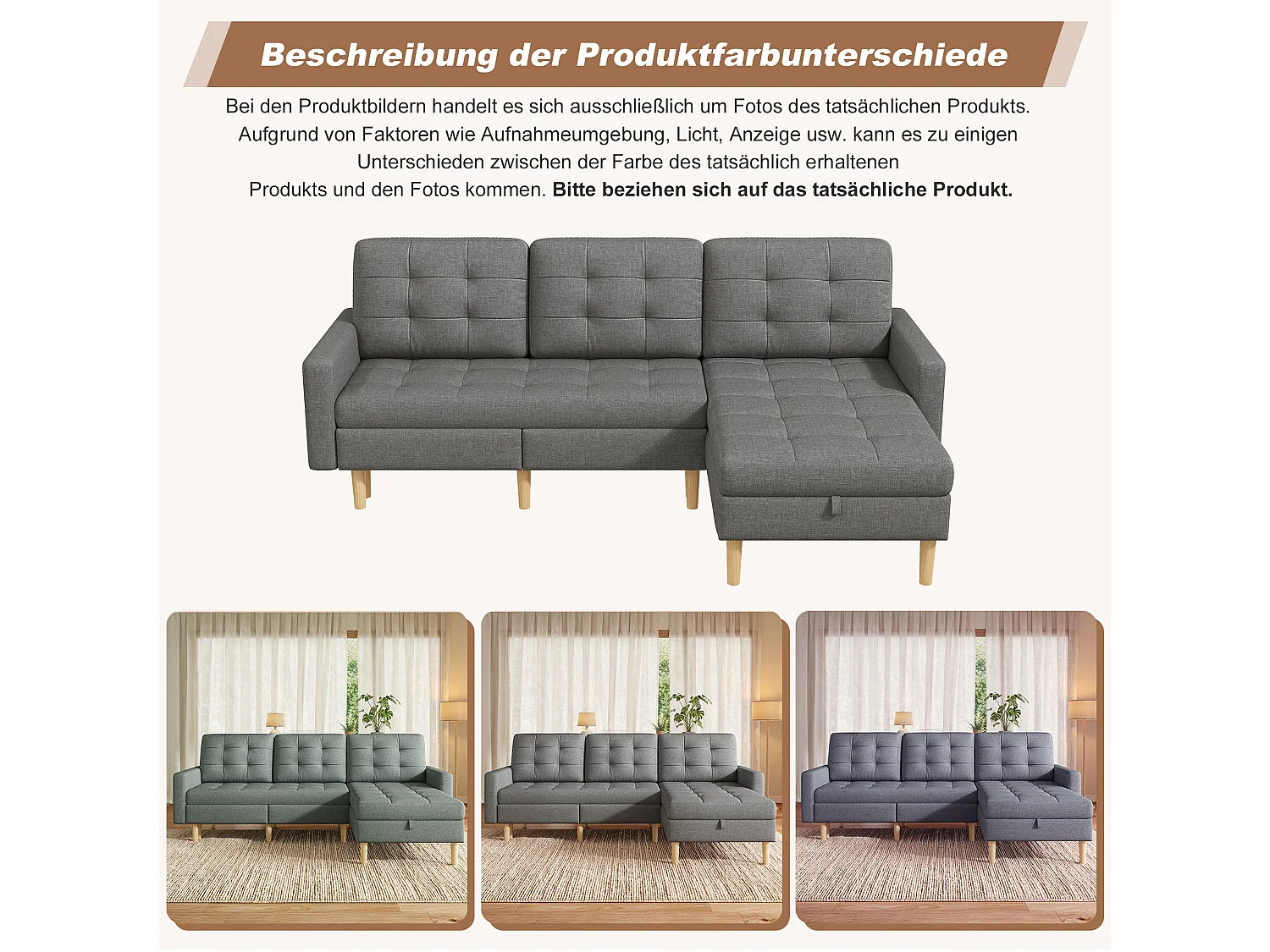 Ecksofa mit umkehrbarer Chaiselongue und Stauraum unter dem Sitz – Vliesstoff/PVC/Schaumstoff – 212 x 130 x 86 cm – Grau