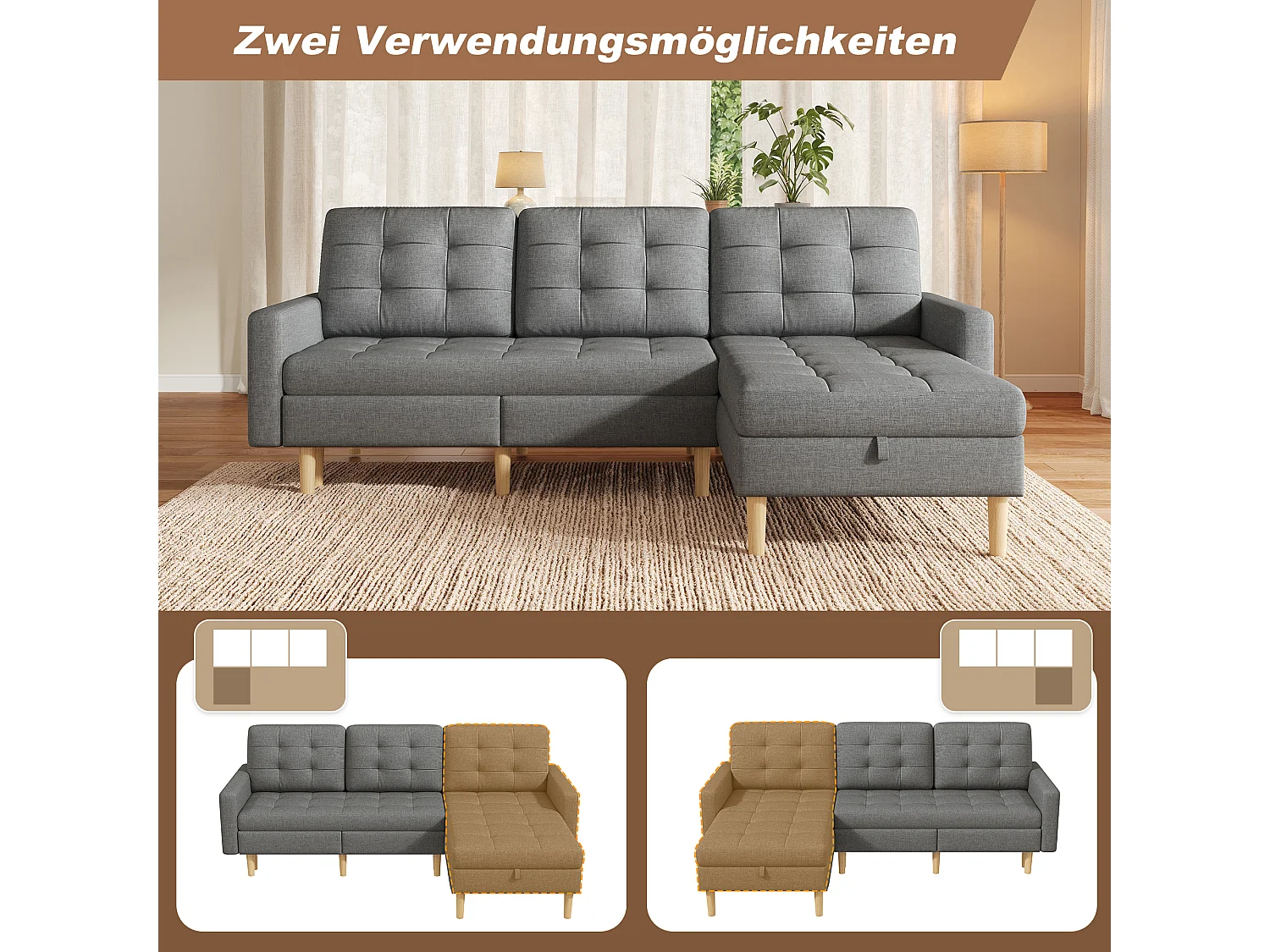 Ecksofa mit umkehrbarer Chaiselongue und Stauraum unter dem Sitz – Vliesstoff/PVC/Schaumstoff – 212 x 130 x 86 cm – Grau