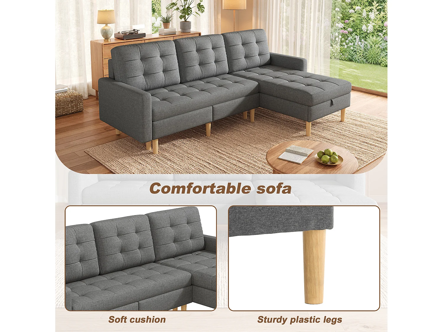 Ecksofa mit umkehrbarer Chaiselongue und Stauraum unter dem Sitz – Vliesstoff/PVC/Schaumstoff – 212 x 130 x 86 cm – Grau