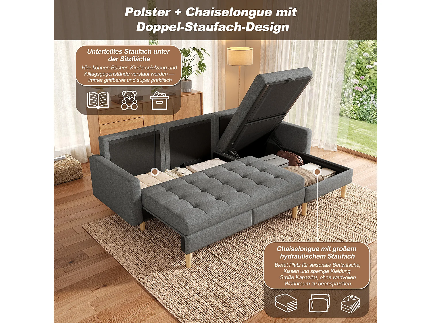 Ecksofa mit umkehrbarer Chaiselongue und Stauraum unter dem Sitz – Vliesstoff/PVC/Schaumstoff – 212 x 130 x 86 cm – Grau