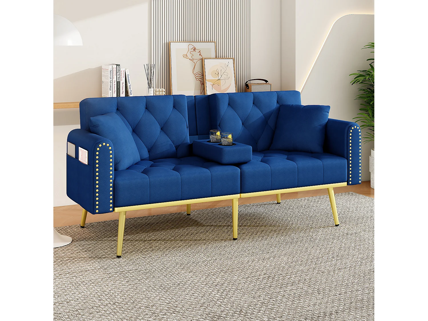 Canapé 3 places avec dossier réglable, porte-gobelet et poche latérale - 175 x 80 x 73,5 cm - Velours et pieds en métal - Bleu