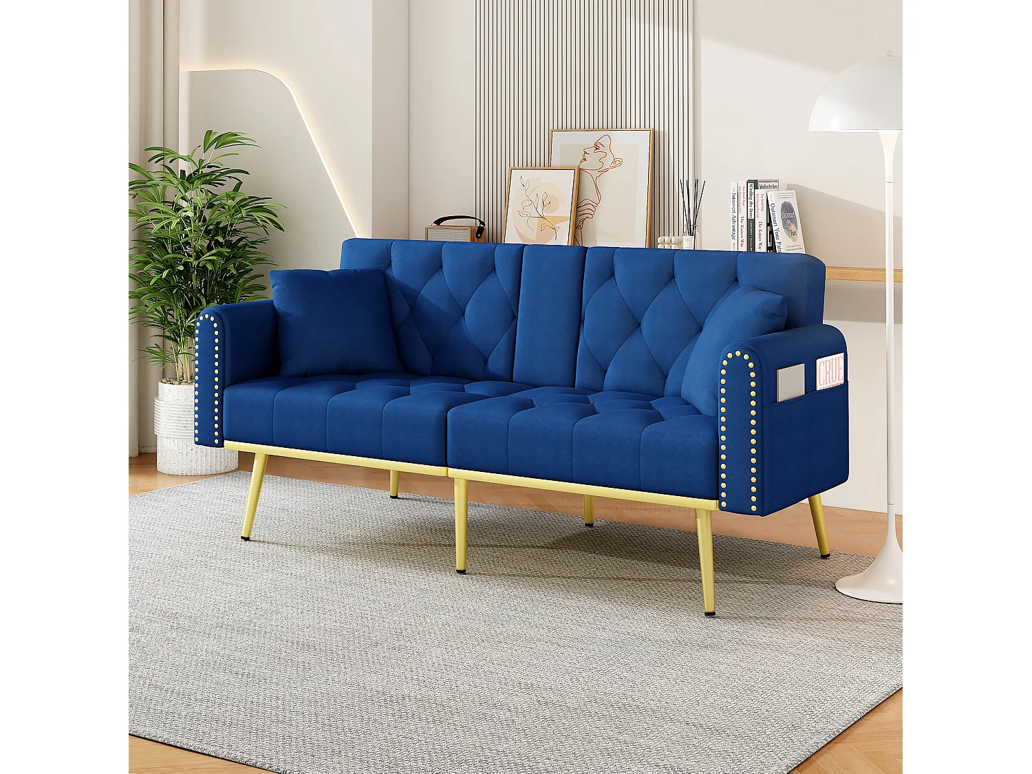 Canapé 3 places avec dossier réglable, porte-gobelet et poche latérale - 175 x 80 x 73,5 cm - Velours et pieds en métal - Bleu