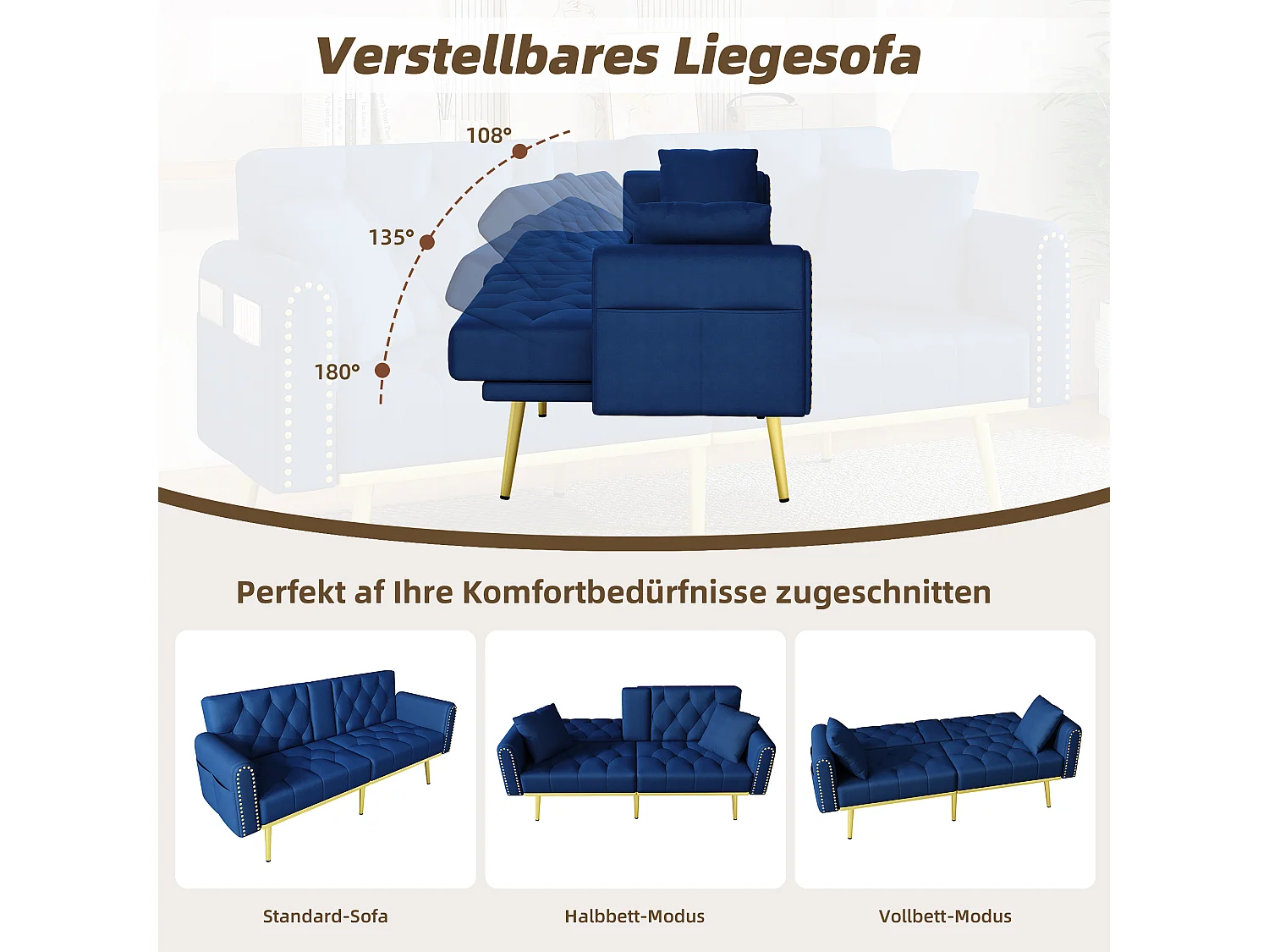 Canapé 3 places avec dossier réglable, porte-gobelet et poche latérale - 175 x 80 x 73,5 cm - Velours et pieds en métal - Bleu