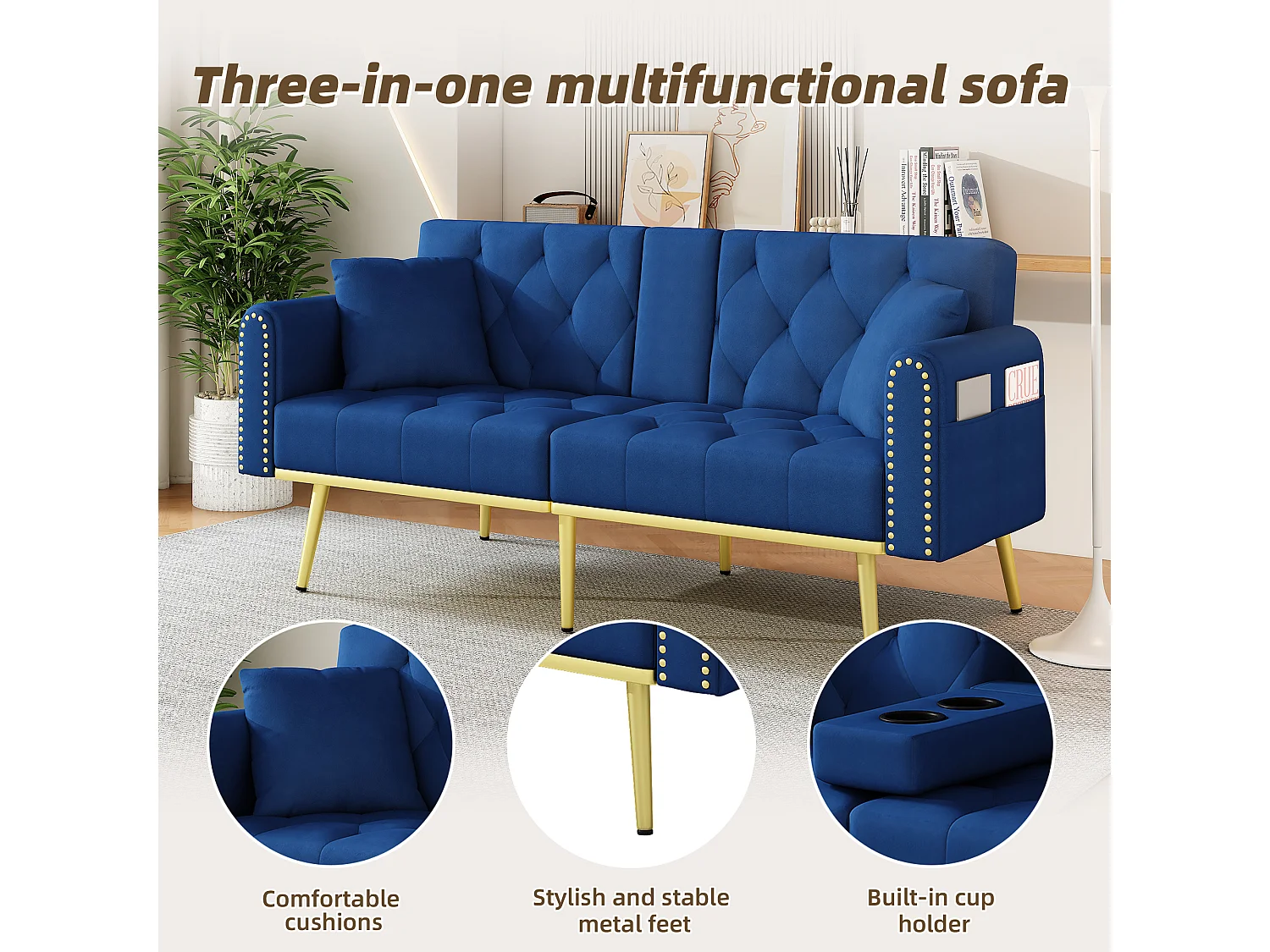 Canapé 3 places avec dossier réglable, porte-gobelet et poche latérale - 175 x 80 x 73,5 cm - Velours et pieds en métal - Bleu
