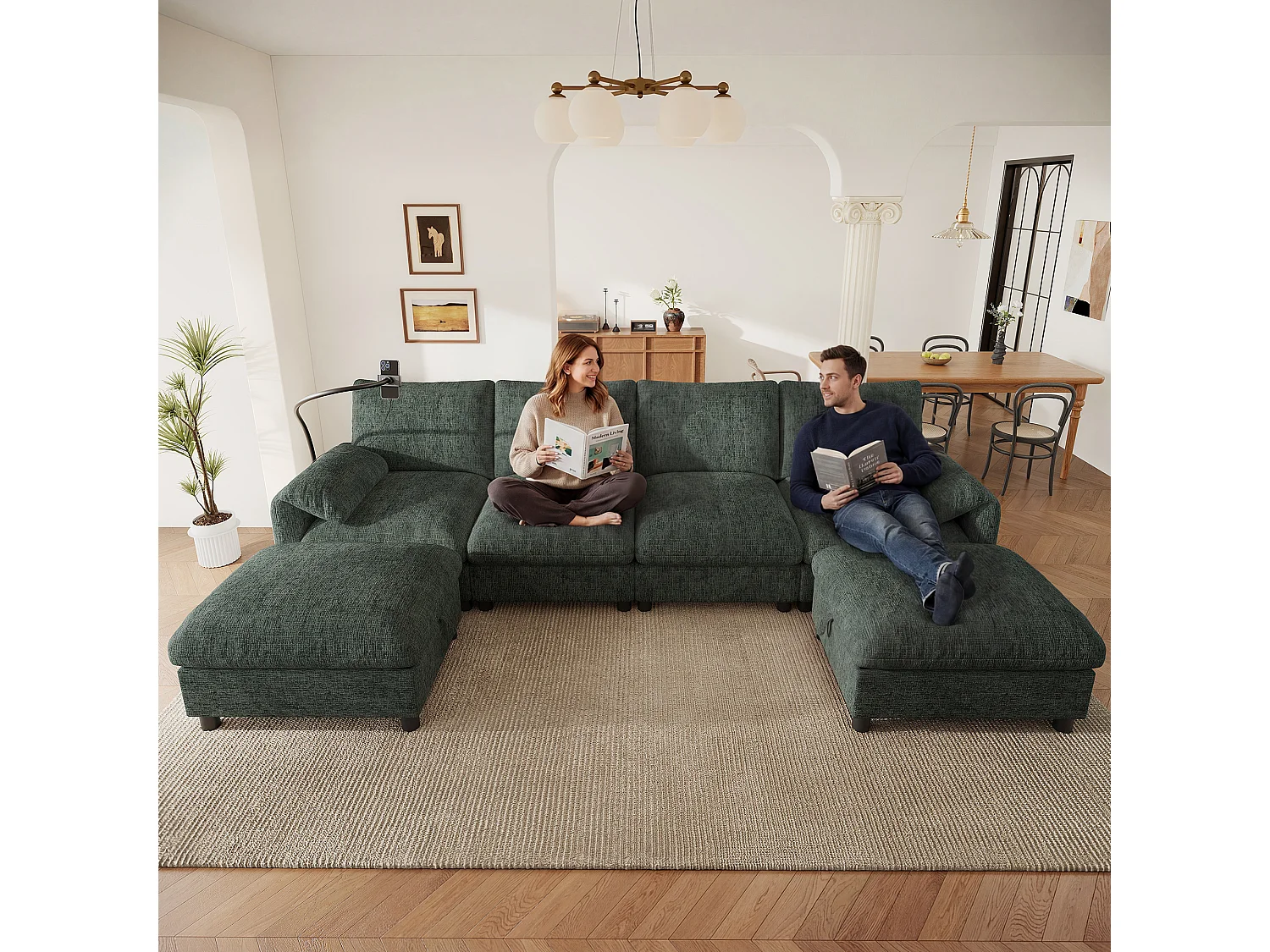 Canapé d'angle modulable 6 places avec 2 poufs de rangement, ports USB/Type-C et support téléphone - Chenille - 273,5 x 133 x 81 cm - Vert