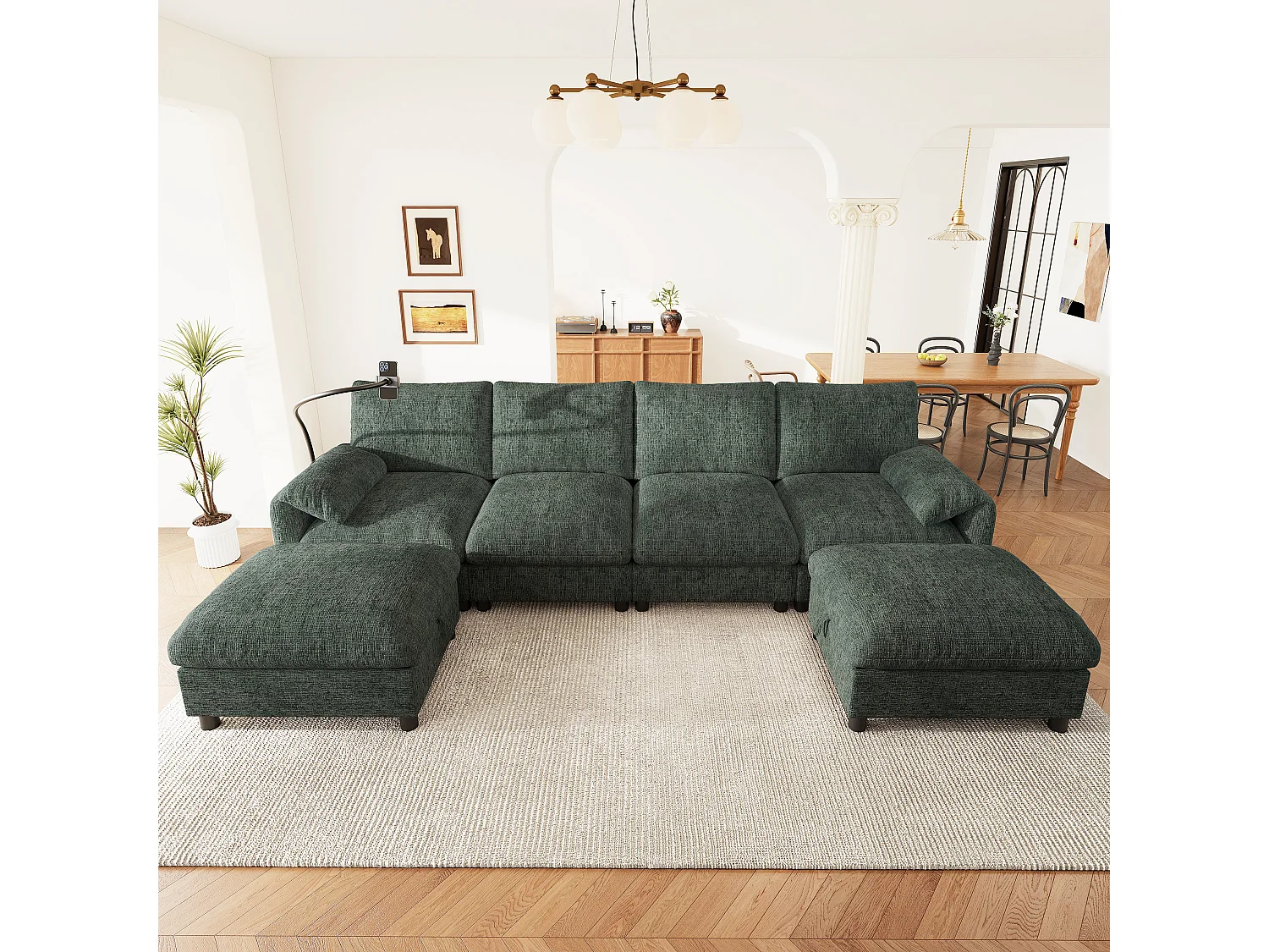 Canapé d'angle modulable 6 places avec 2 poufs de rangement, ports USB/Type-C et support téléphone - Chenille - 273,5 x 133 x 81 cm - Vert