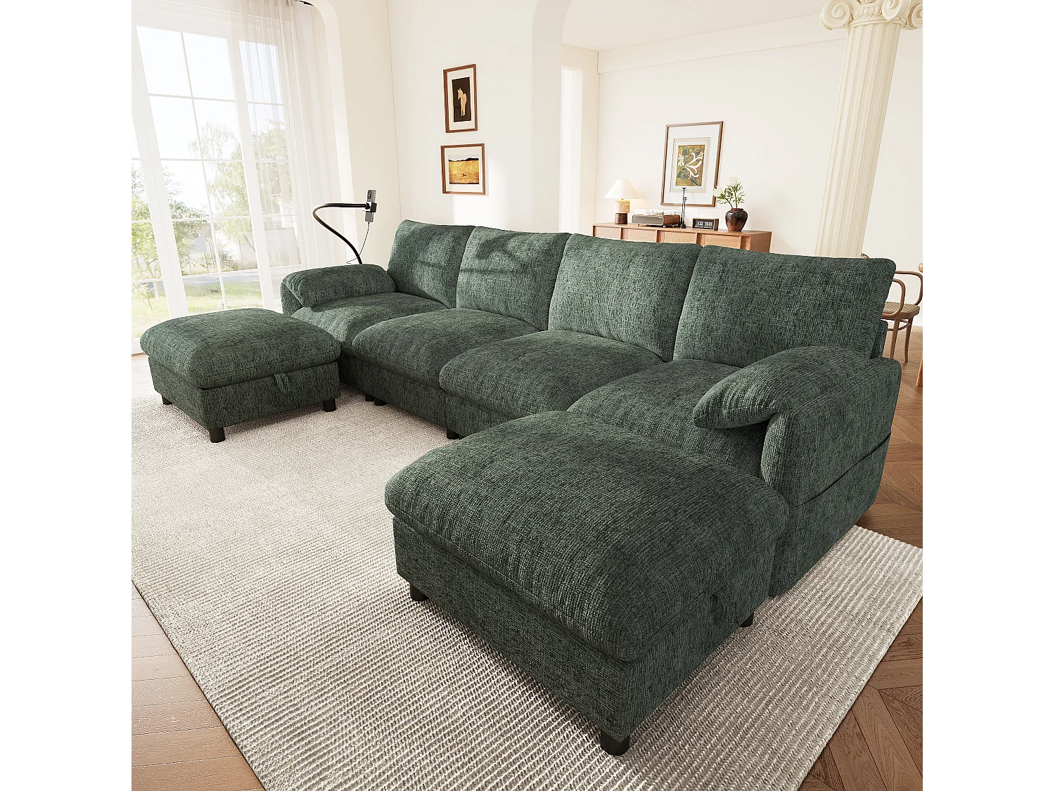 Canapé d'angle modulable 6 places avec 2 poufs de rangement, ports USB/Type-C et support téléphone - Chenille - 273,5 x 133 x 81 cm - Vert