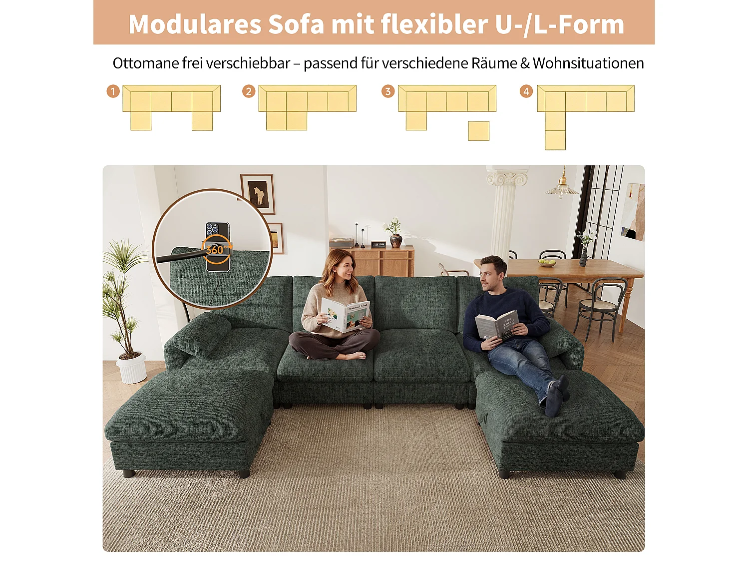 Canapé d'angle modulable 6 places avec 2 poufs de rangement, ports USB/Type-C et support téléphone - Chenille - 273,5 x 133 x 81 cm - Vert
