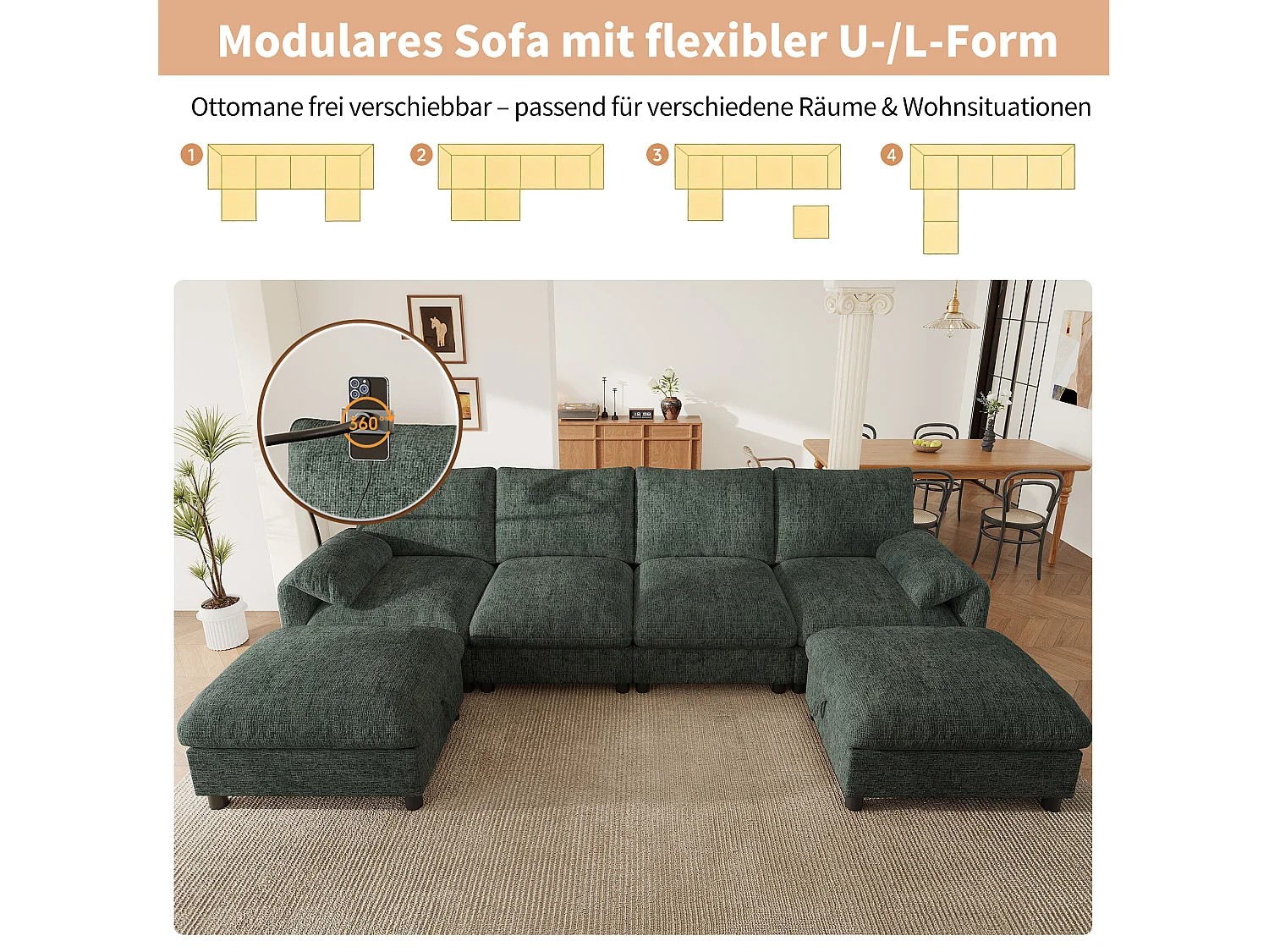 Canapé d'angle modulable 6 places avec 2 poufs de rangement, ports USB/Type-C et support téléphone - Chenille - 273,5 x 133 x 81 cm - Vert