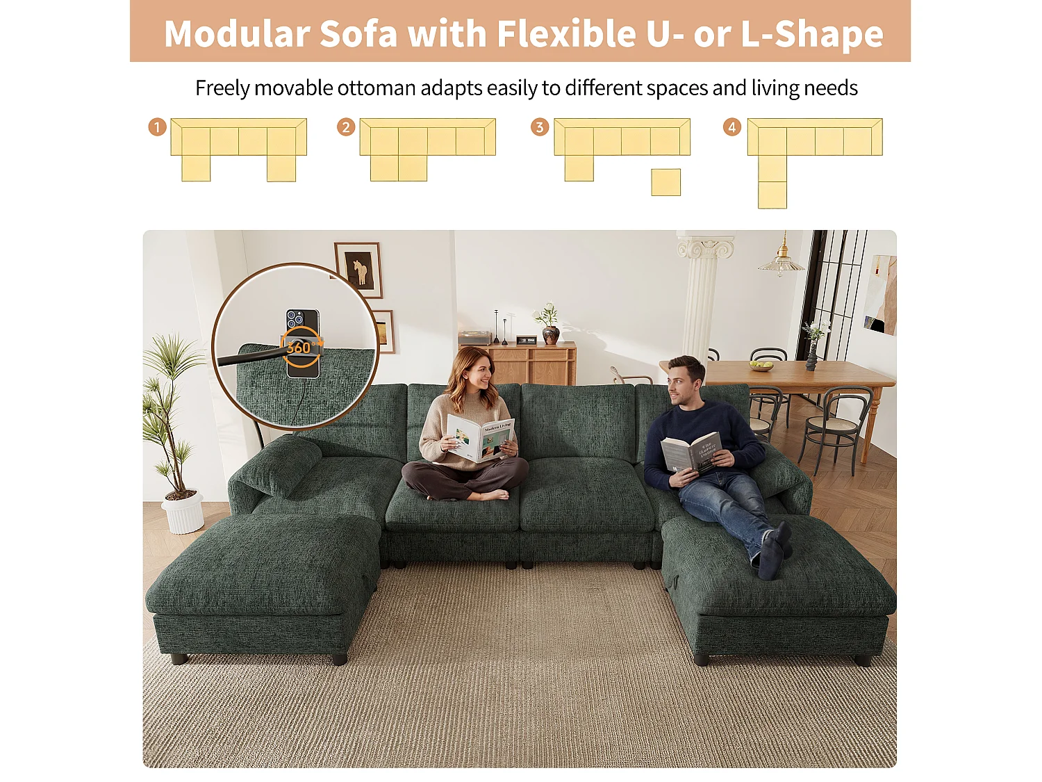 Canapé d'angle modulable 6 places avec 2 poufs de rangement, ports USB/Type-C et support téléphone - Chenille - 273,5 x 133 x 81 cm - Vert