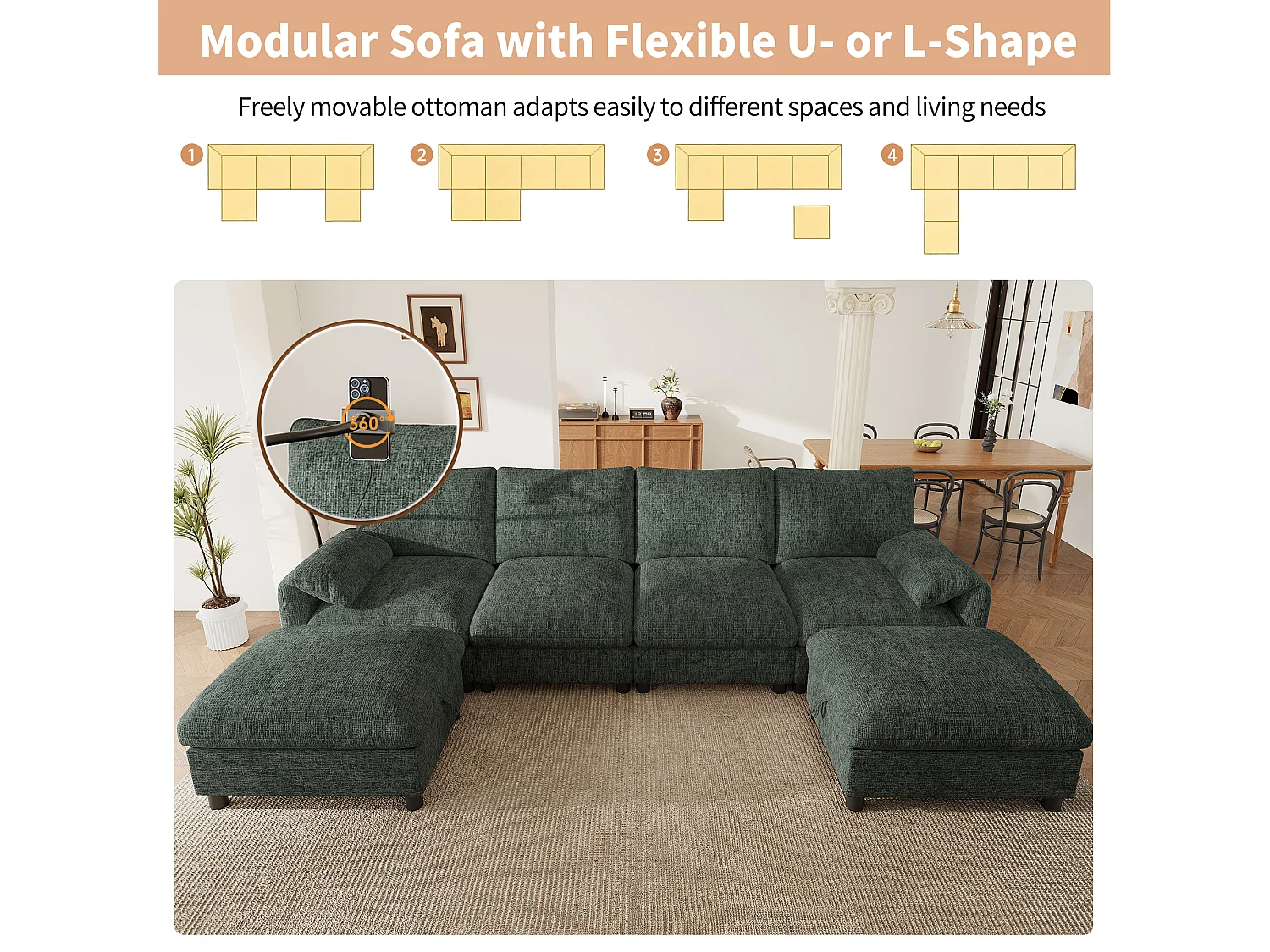 Canapé d'angle modulable 6 places avec 2 poufs de rangement, ports USB/Type-C et support téléphone - Chenille - 273,5 x 133 x 81 cm - Vert