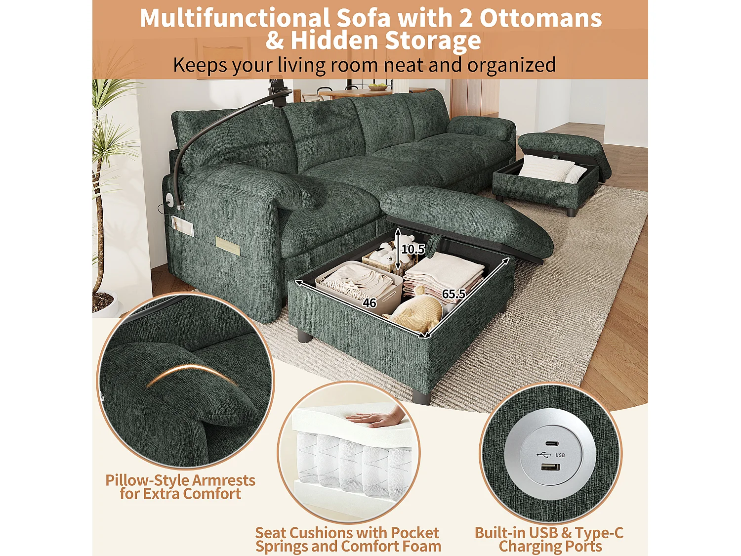 Canapé d'angle modulable 6 places avec 2 poufs de rangement, ports USB/Type-C et support téléphone - Chenille - 273,5 x 133 x 81 cm - Vert