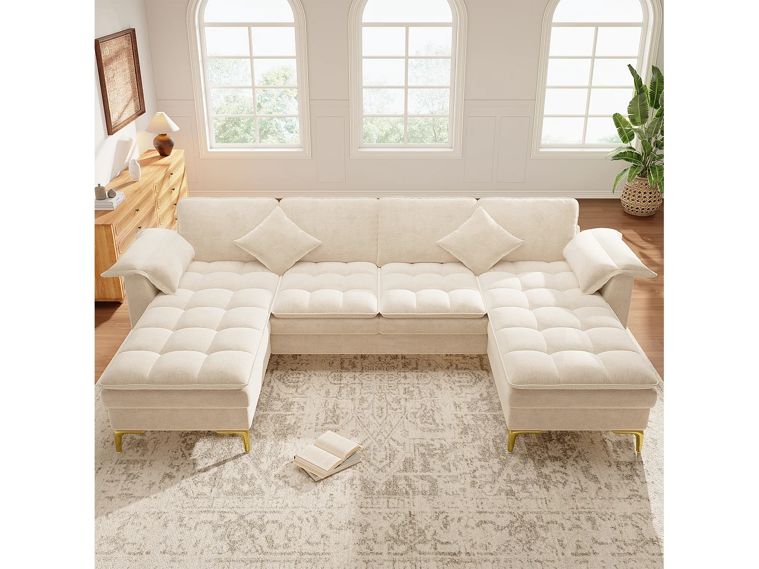 Modulares 6-Sitzer-Ecksofa (links/rechts) mit 2 Staufächern und zentraler Konsole mit USB-/Typ-C-Anschluss – Chenille – 316 x 140 x 84,5 cm – Beige