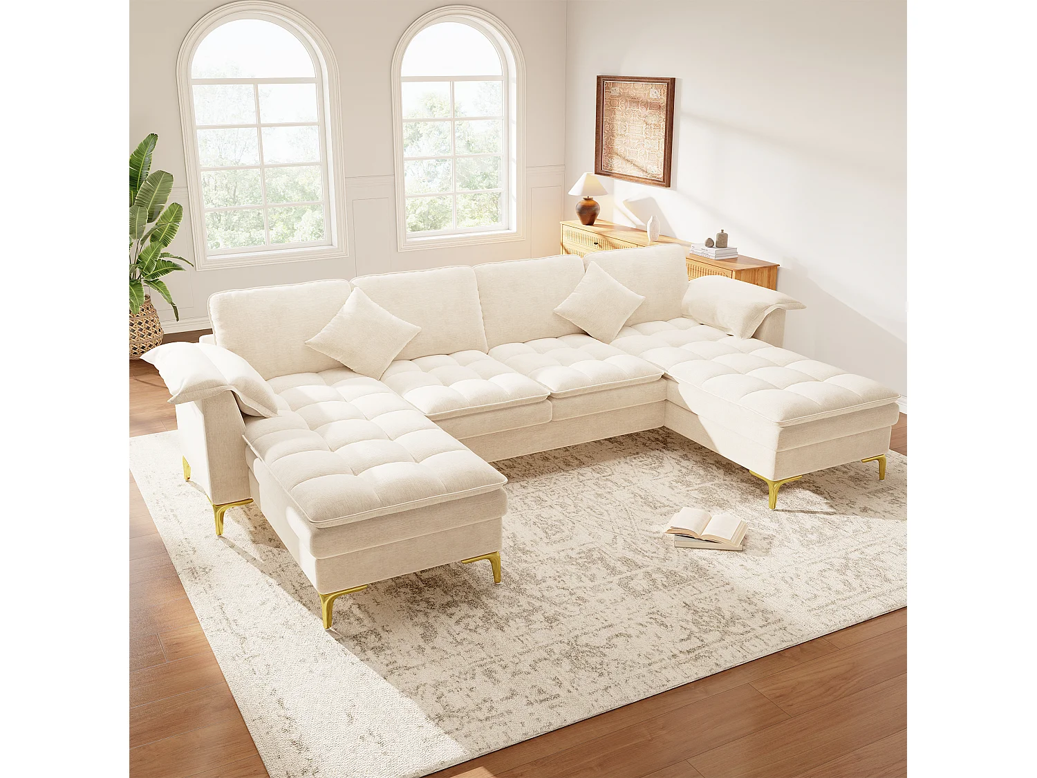 Modulares 6-Sitzer-Ecksofa (links/rechts) mit 2 Staufächern und zentraler Konsole mit USB-/Typ-C-Anschluss – Chenille – 316 x 140 x 84,5 cm – Beige