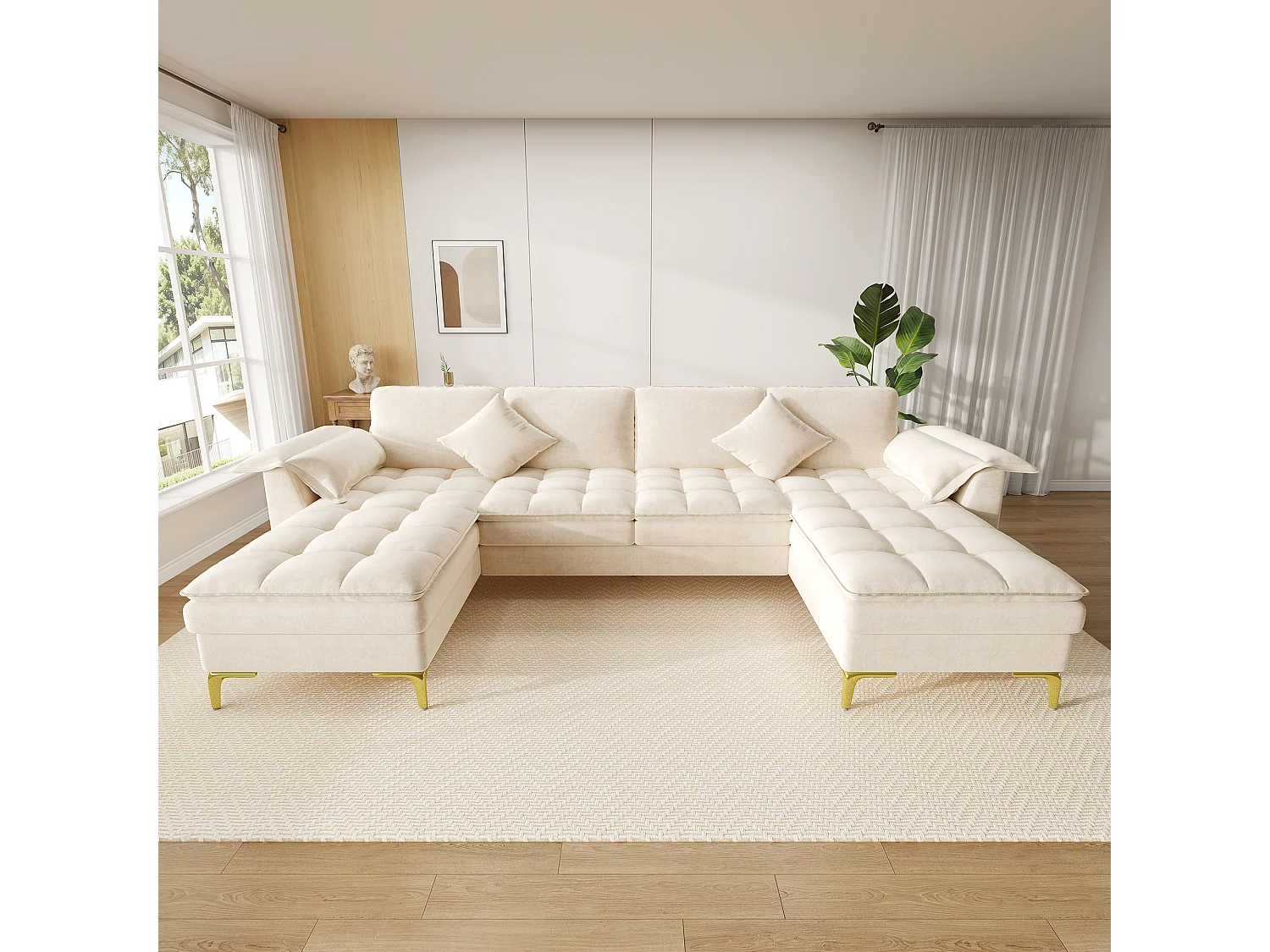 Modulares 6-Sitzer-Ecksofa (links/rechts) mit 2 Staufächern und zentraler Konsole mit USB-/Typ-C-Anschluss – Chenille – 316 x 140 x 84,5 cm – Beige