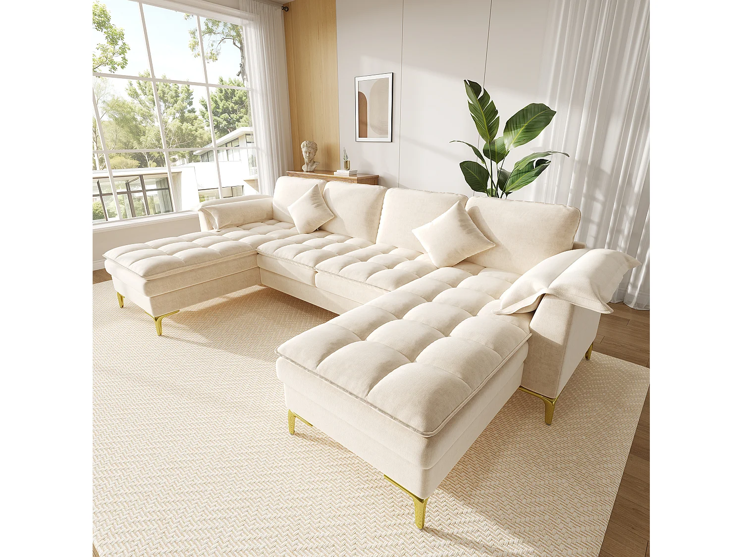 Modulares 6-Sitzer-Ecksofa (links/rechts) mit 2 Staufächern und zentraler Konsole mit USB-/Typ-C-Anschluss – Chenille – 316 x 140 x 84,5 cm – Beige