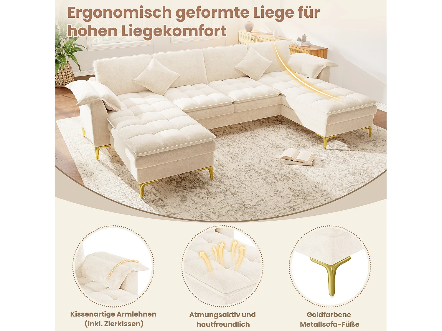 Modulares 6-Sitzer-Ecksofa (links/rechts) mit 2 Staufächern und zentraler Konsole mit USB-/Typ-C-Anschluss – Chenille – 316 x 140 x 84,5 cm – Beige