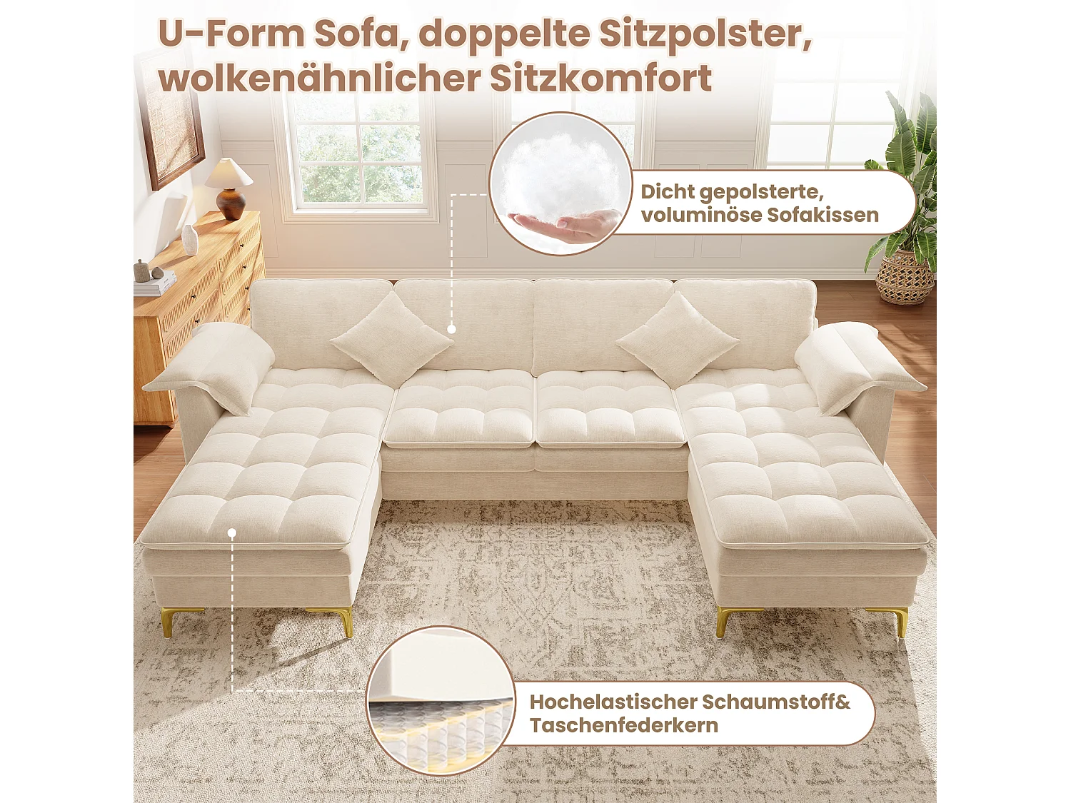 Modulares 6-Sitzer-Ecksofa (links/rechts) mit 2 Staufächern und zentraler Konsole mit USB-/Typ-C-Anschluss – Chenille – 316 x 140 x 84,5 cm – Beige