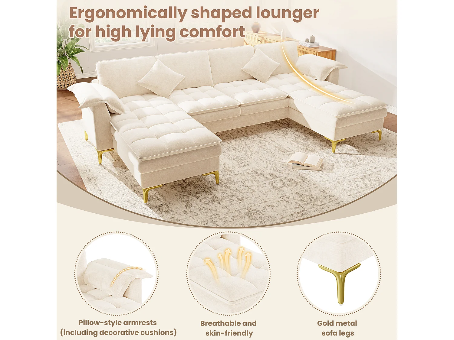 Modulares 6-Sitzer-Ecksofa (links/rechts) mit 2 Staufächern und zentraler Konsole mit USB-/Typ-C-Anschluss – Chenille – 316 x 140 x 84,5 cm – Beige