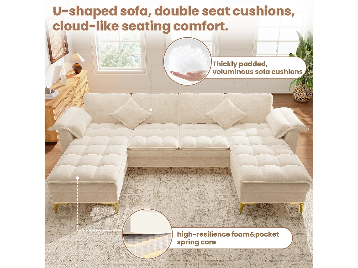 Modulares 6-Sitzer-Ecksofa (links/rechts) mit 2 Staufächern und zentraler Konsole mit USB-/Typ-C-Anschluss – Chenille – 316 x 140 x 84,5 cm – Beige