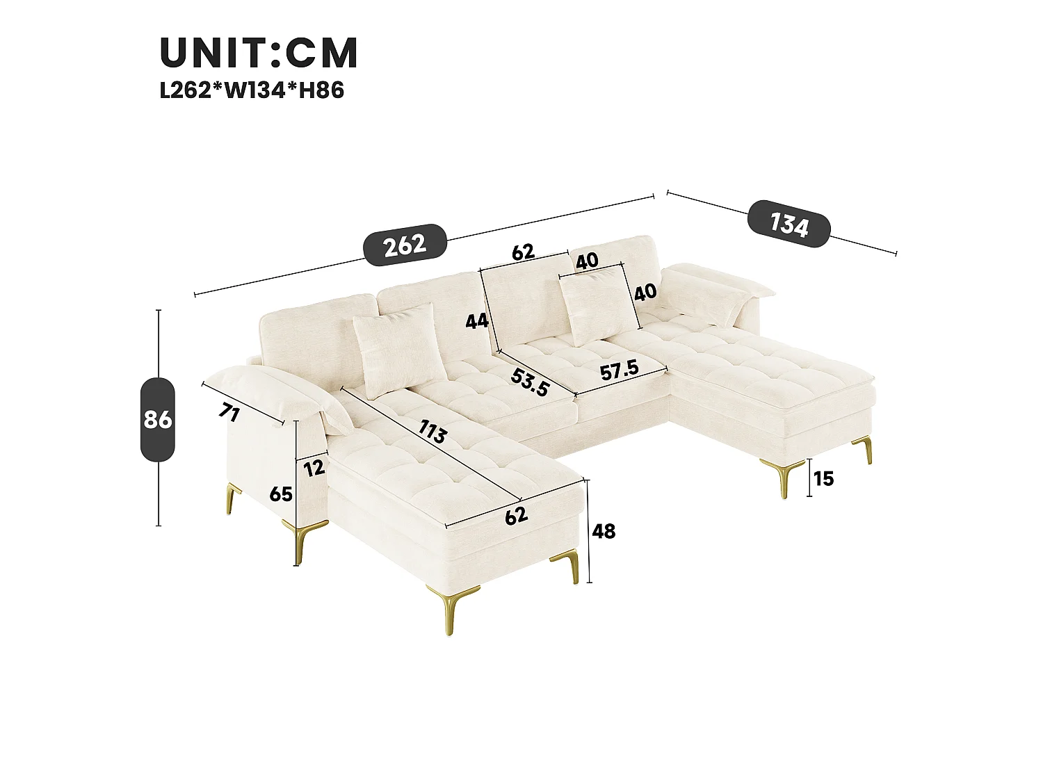 Modulares 6-Sitzer-Ecksofa (links/rechts) mit 2 Staufächern und zentraler Konsole mit USB-/Typ-C-Anschluss – Chenille – 316 x 140 x 84,5 cm – Beige