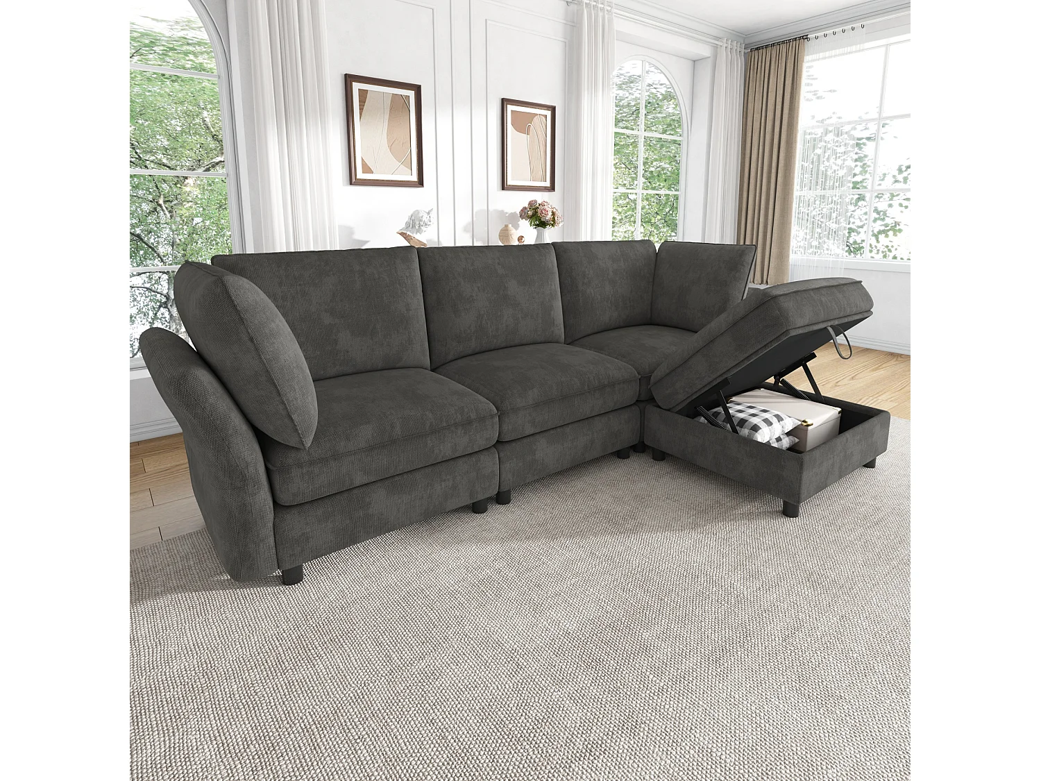 Modulares L-förmiges Ecksofa mit Aufbewahrungshocker und Kissen – Chenille – 225 x 137 x 84 cm – 4/5-Sitzer – Grau