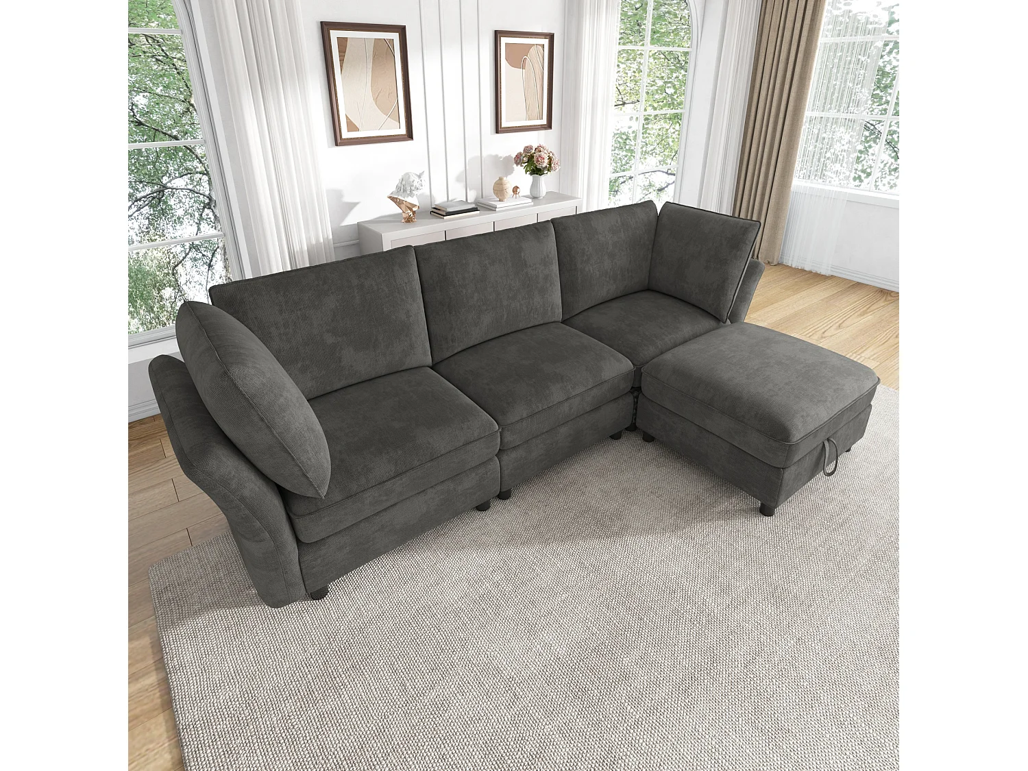 Modulares L-förmiges Ecksofa mit Aufbewahrungshocker und Kissen – Chenille – 225 x 137 x 84 cm – 4/5-Sitzer – Grau