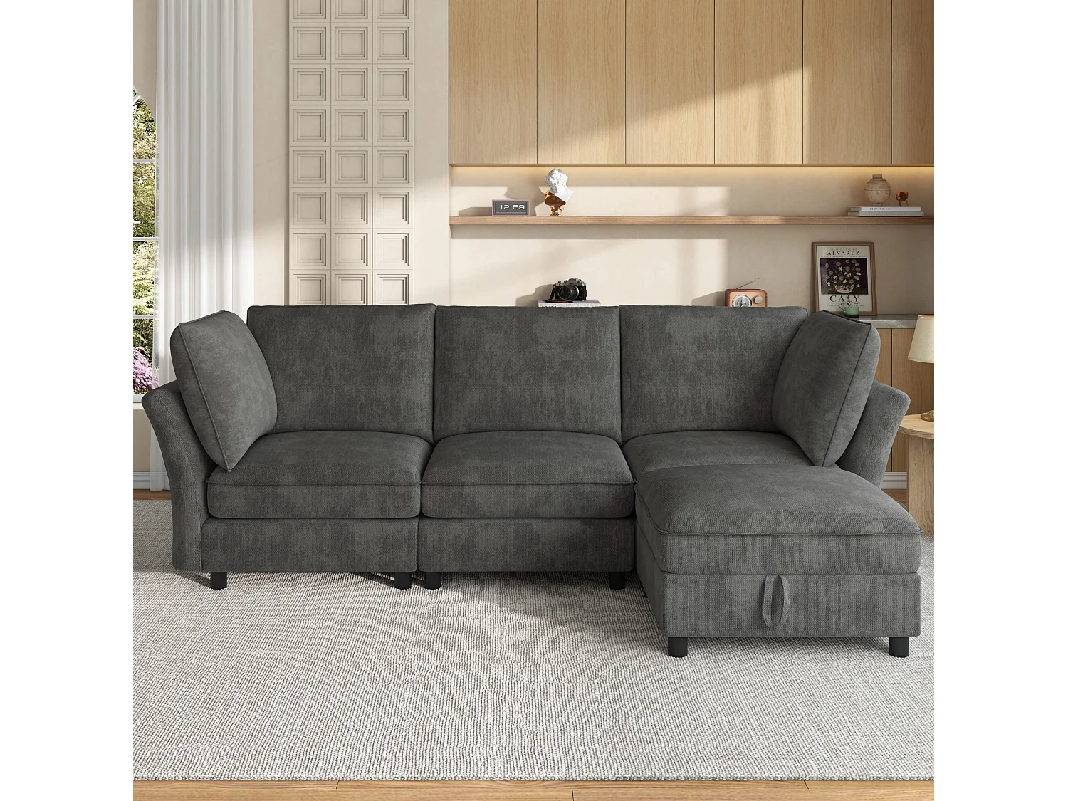 Modulares L-förmiges Ecksofa mit Aufbewahrungshocker und Kissen – Chenille – 225 x 137 x 84 cm – 4/5-Sitzer – Grau