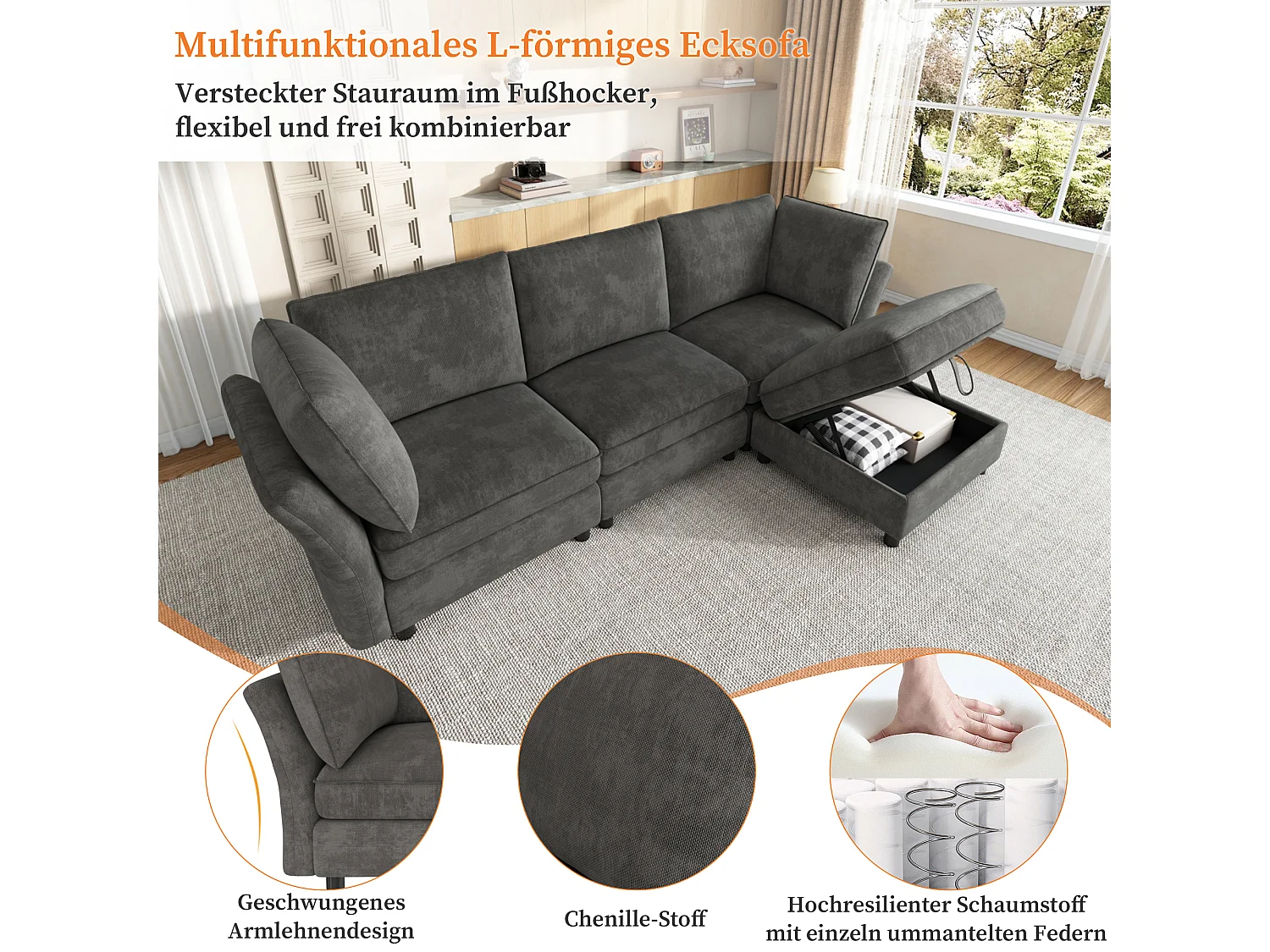 Modulares L-förmiges Ecksofa mit Aufbewahrungshocker und Kissen – Chenille – 225 x 137 x 84 cm – 4/5-Sitzer – Grau
