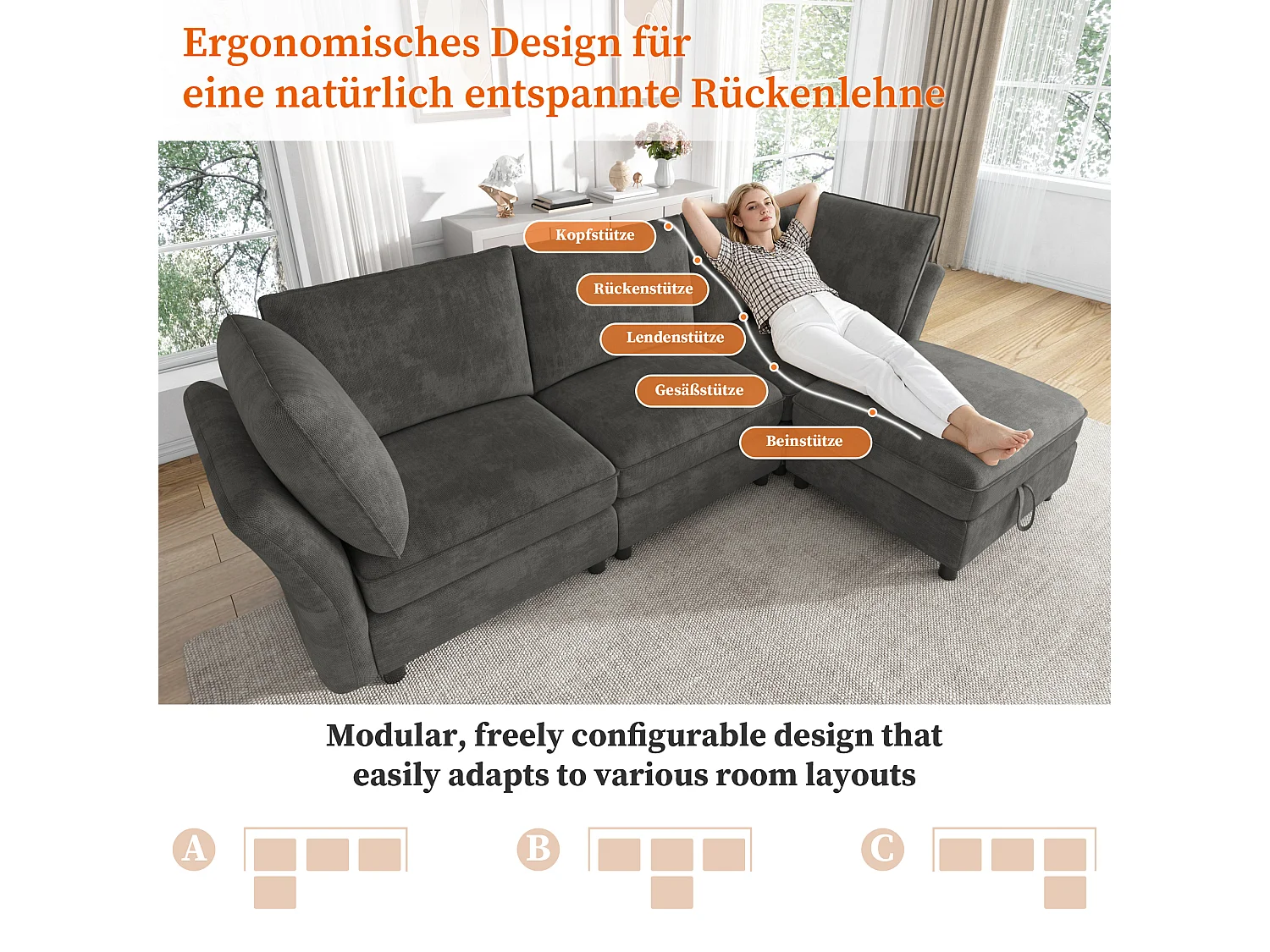 Modulares L-förmiges Ecksofa mit Aufbewahrungshocker und Kissen – Chenille – 225 x 137 x 84 cm – 4/5-Sitzer – Grau