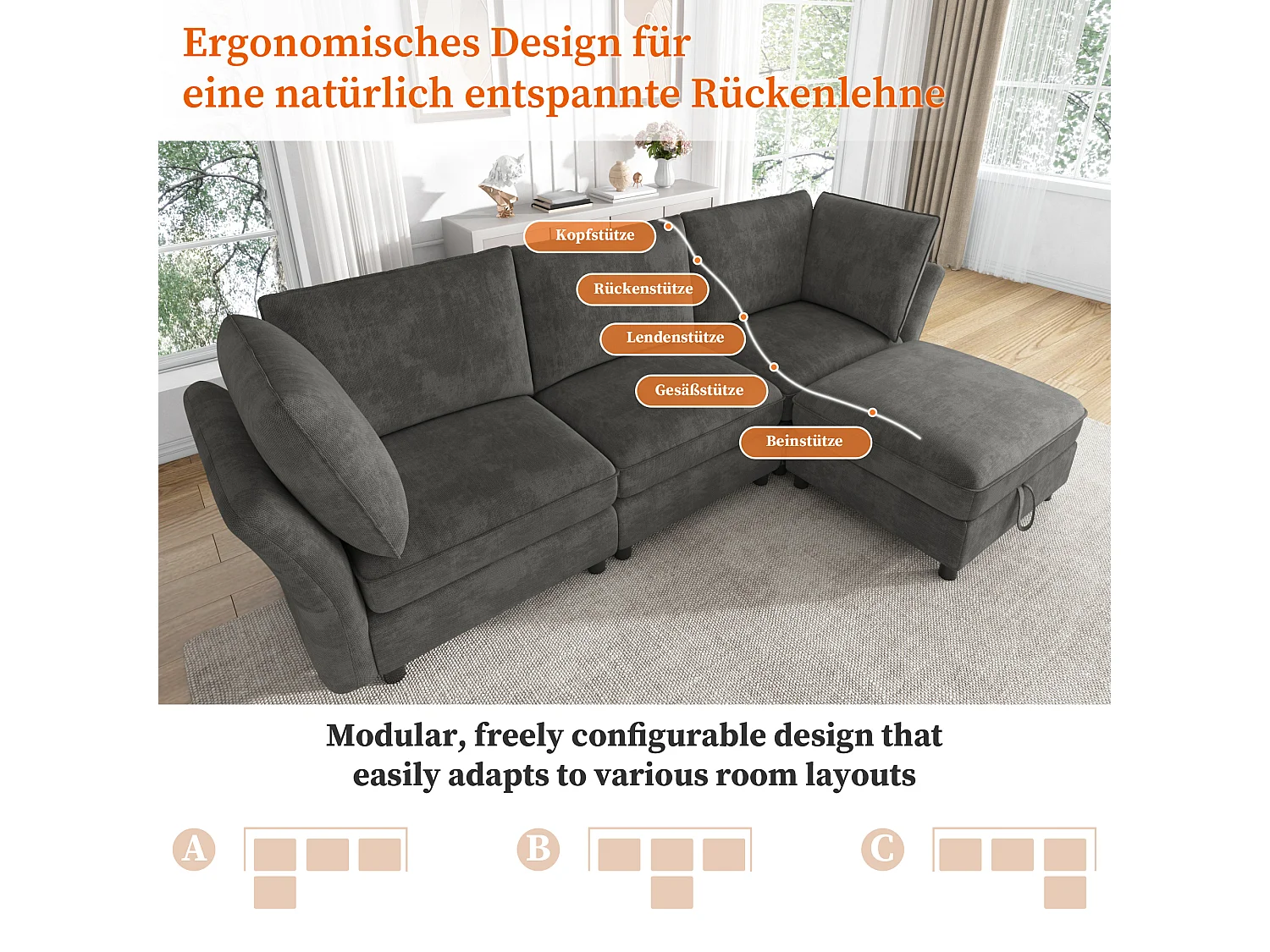 Modulares L-förmiges Ecksofa mit Aufbewahrungshocker und Kissen – Chenille – 225 x 137 x 84 cm – 4/5-Sitzer – Grau