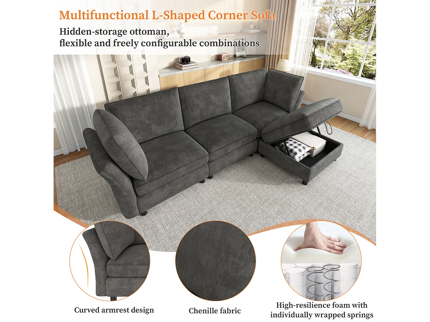 Modulares L-förmiges Ecksofa mit Aufbewahrungshocker und Kissen – Chenille – 225 x 137 x 84 cm – 4/5-Sitzer – Grau