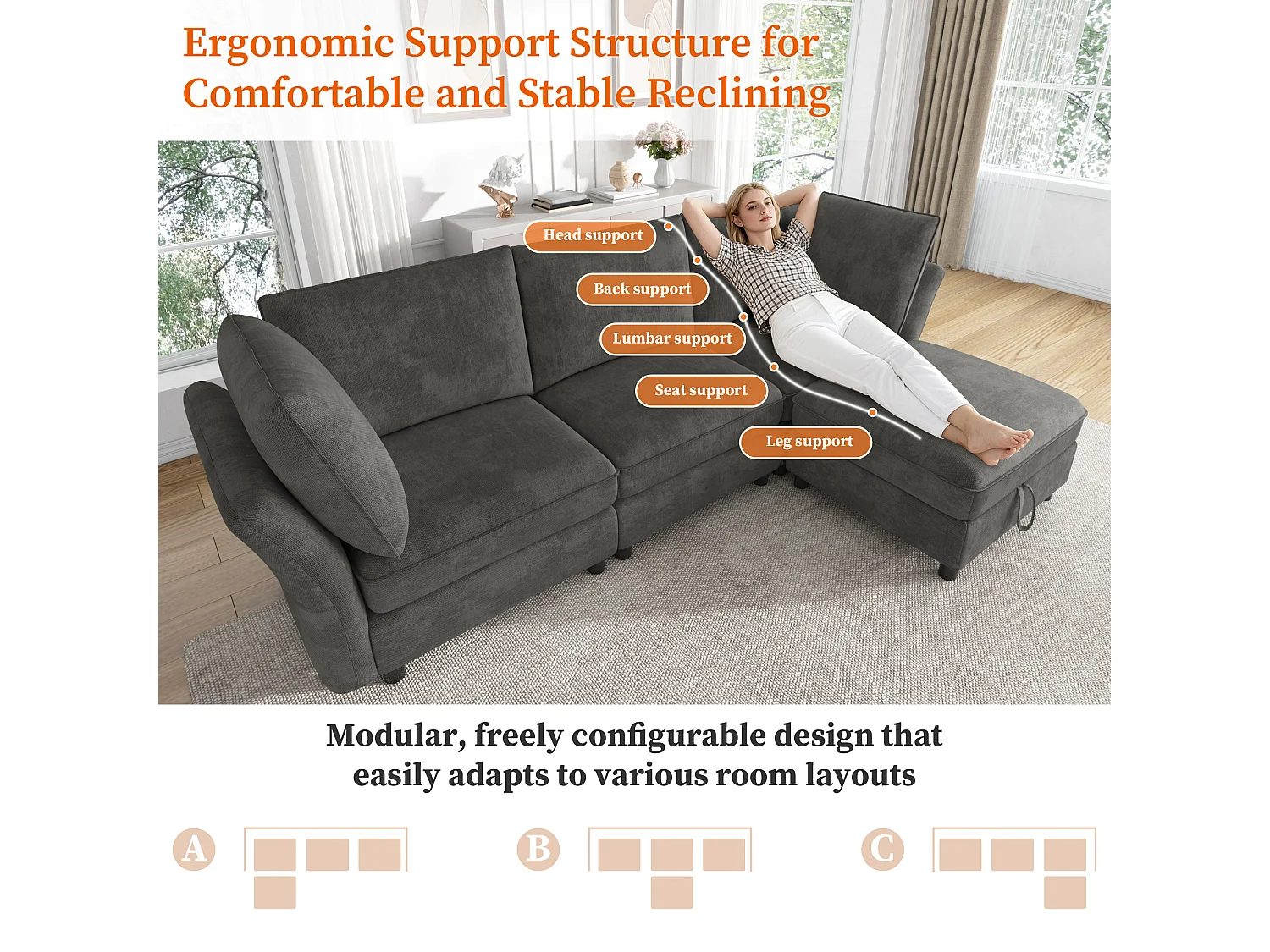 Modulares L-förmiges Ecksofa mit Aufbewahrungshocker und Kissen – Chenille – 225 x 137 x 84 cm – 4/5-Sitzer – Grau