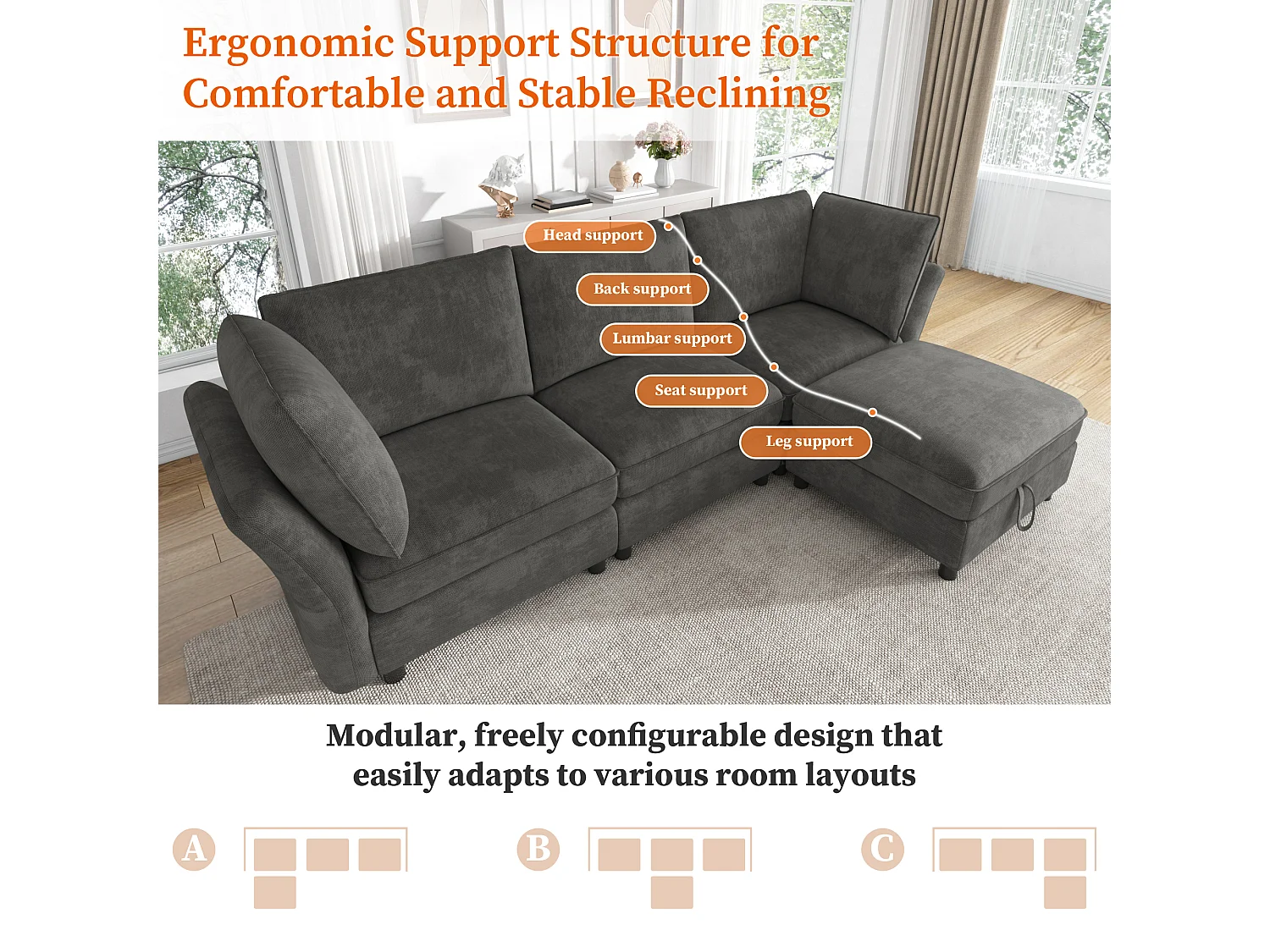 Modulares L-förmiges Ecksofa mit Aufbewahrungshocker und Kissen – Chenille – 225 x 137 x 84 cm – 4/5-Sitzer – Grau
