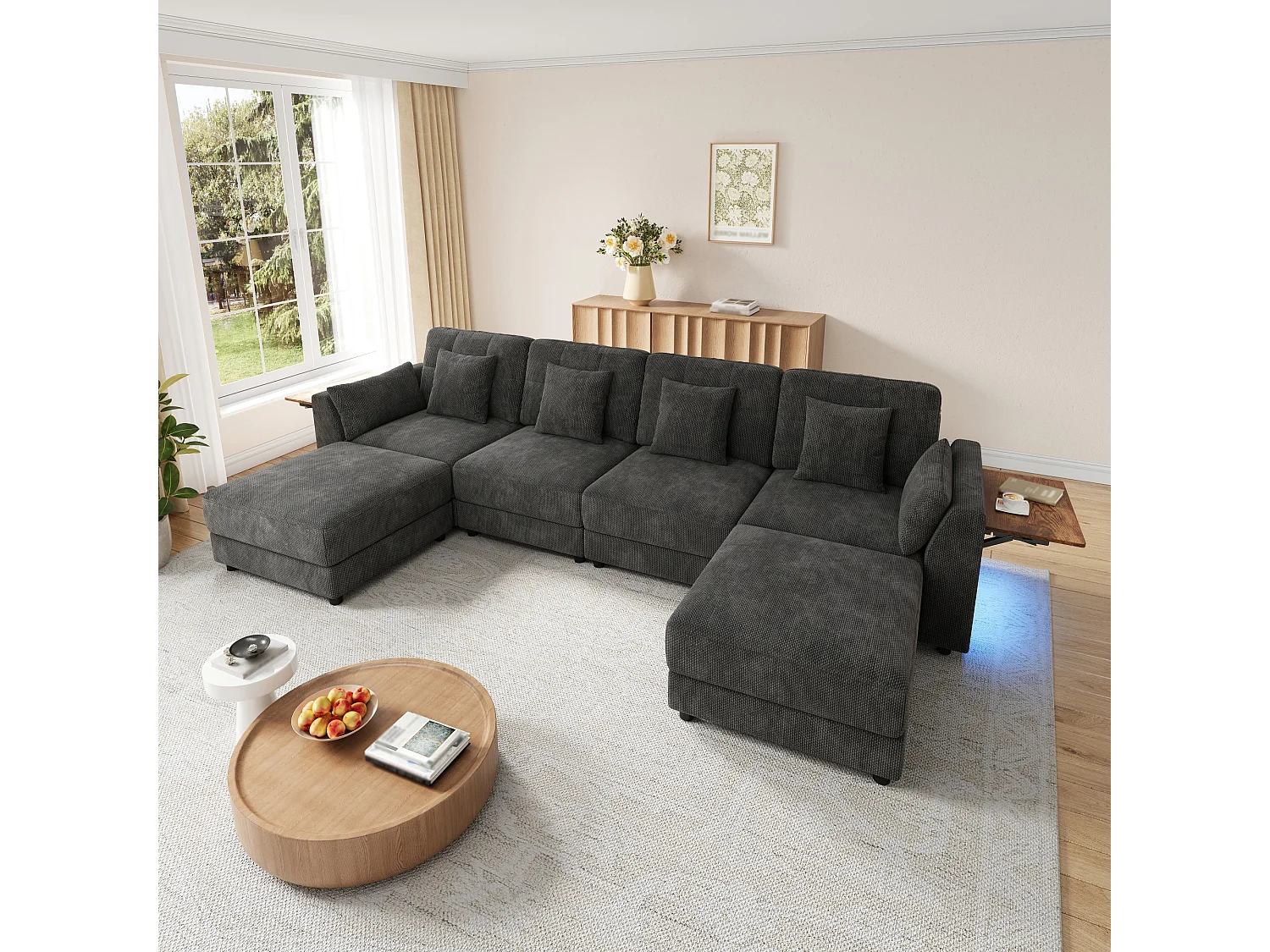 Canapé d'angle modulable 6 places avec 2 poufs amovibles, LED et tablette rabattable - Chenille - 292 x 135 x 82 cm - Gris