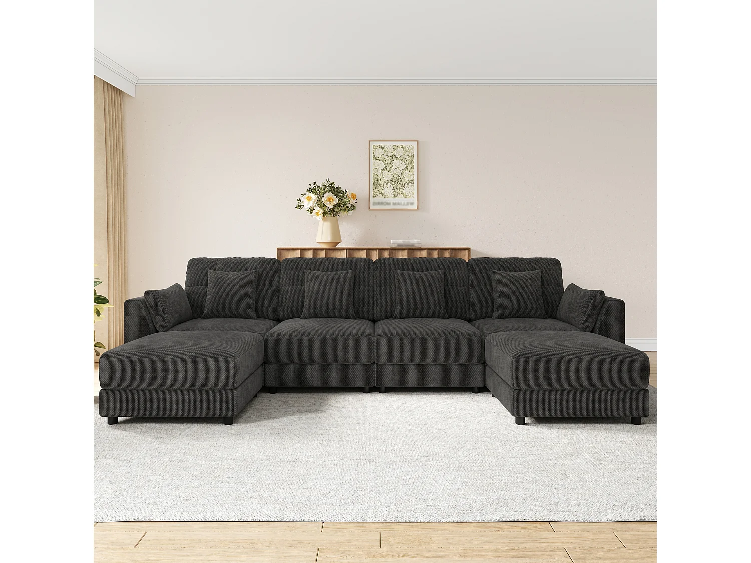 Canapé d'angle modulable 6 places avec 2 poufs amovibles, LED et tablette rabattable - Chenille - 292 x 135 x 82 cm - Gris