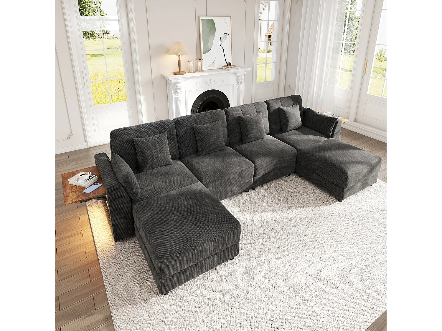 Canapé d'angle modulable 6 places avec 2 poufs amovibles, LED et tablette rabattable - Chenille - 292 x 135 x 82 cm - Gris