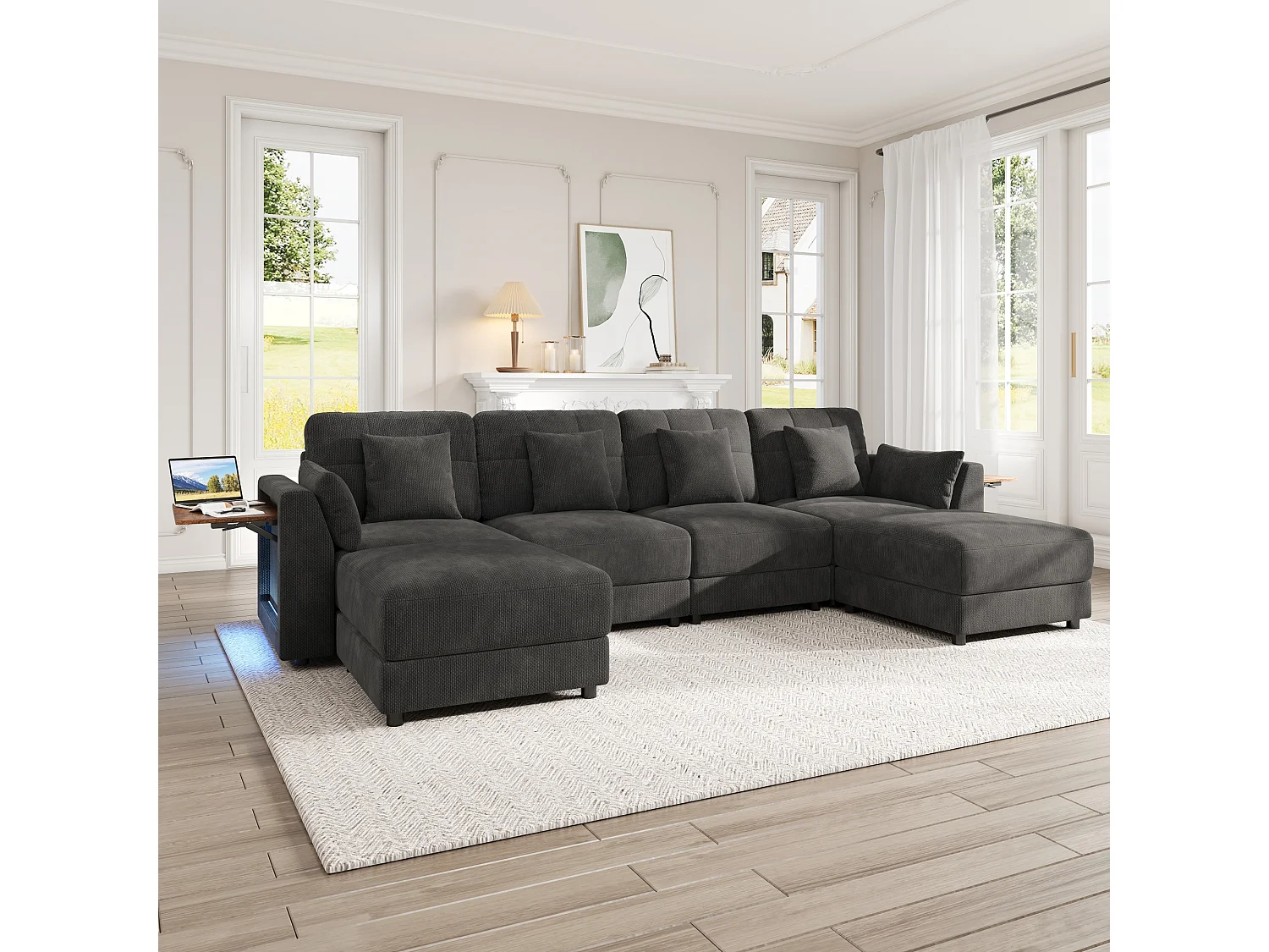 Canapé d'angle modulable 6 places avec 2 poufs amovibles, LED et tablette rabattable - Chenille - 292 x 135 x 82 cm - Gris