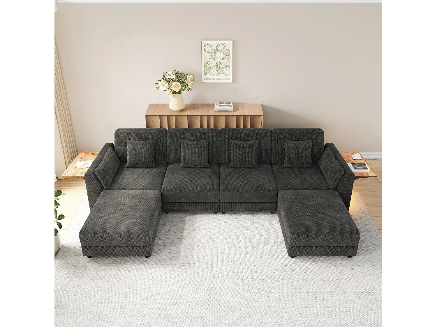 Canapé d'angle modulable 6 places avec 2 poufs amovibles, LED et tablette rabattable - Chenille - 292 x 135 x 82 cm - Gris