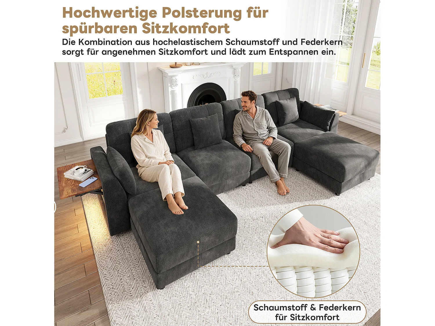 Canapé d'angle modulable 6 places avec 2 poufs amovibles, LED et tablette rabattable - Chenille - 292 x 135 x 82 cm - Gris