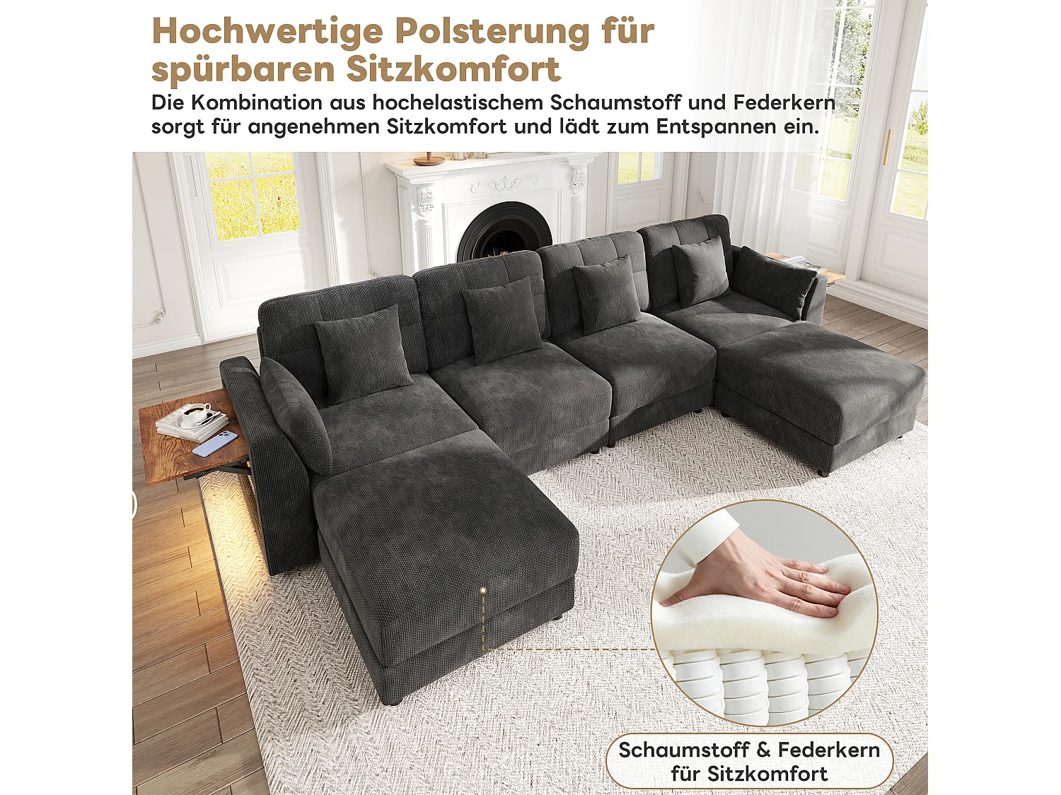 Canapé d'angle modulable 6 places avec 2 poufs amovibles, LED et tablette rabattable - Chenille - 292 x 135 x 82 cm - Gris
