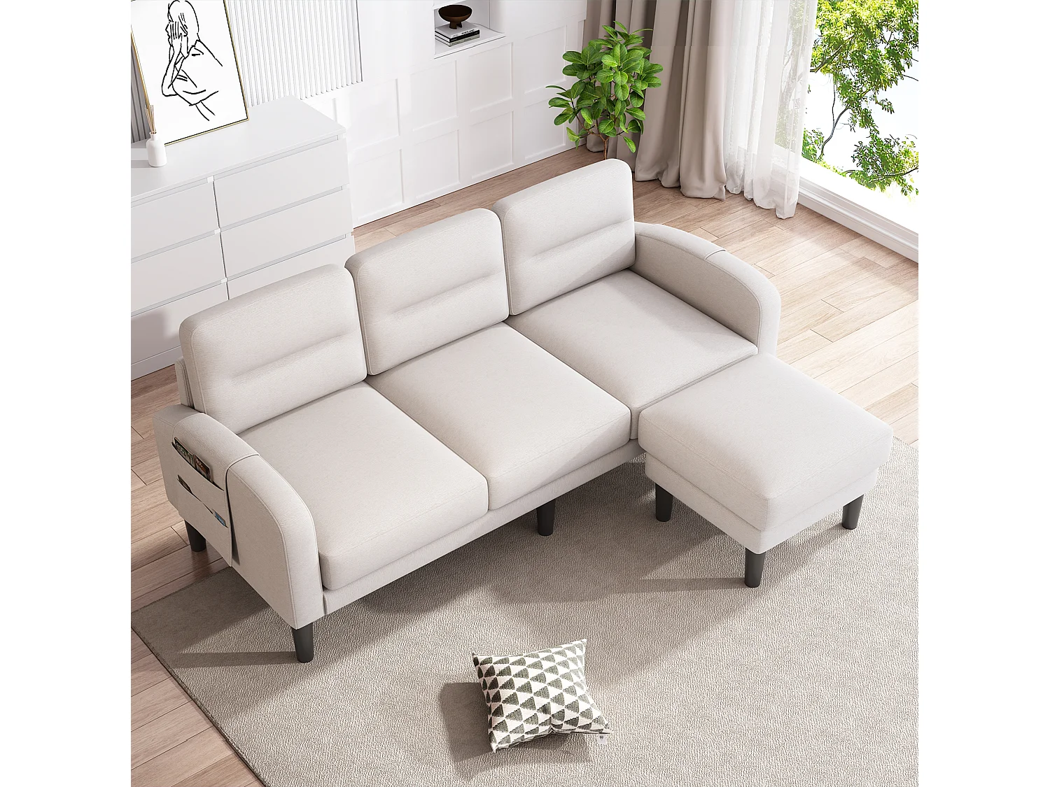 Divano angolare a 3 posti con chaise longue, cuscini sfoderabili e 6 tasche portaoggetti - Tessuto non tessuto/schiuma - 204 x 136 x 80 cm - Beige