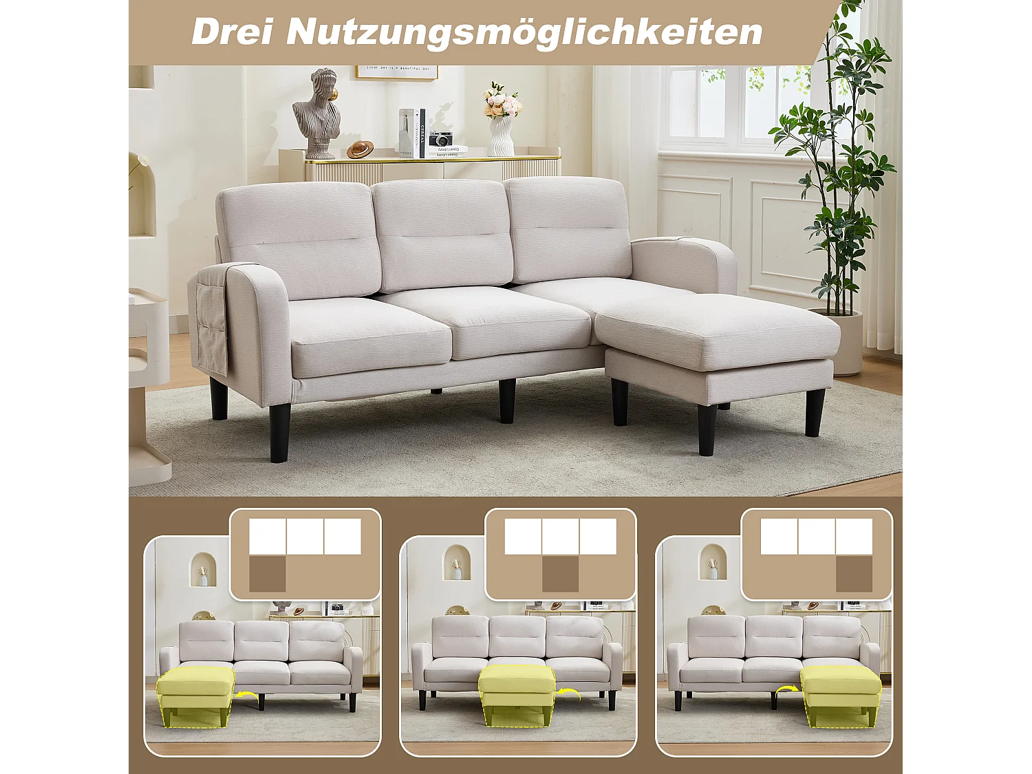 Divano angolare a 3 posti con chaise longue, cuscini sfoderabili e 6 tasche portaoggetti - Tessuto non tessuto/schiuma - 204 x 136 x 80 cm - Beige